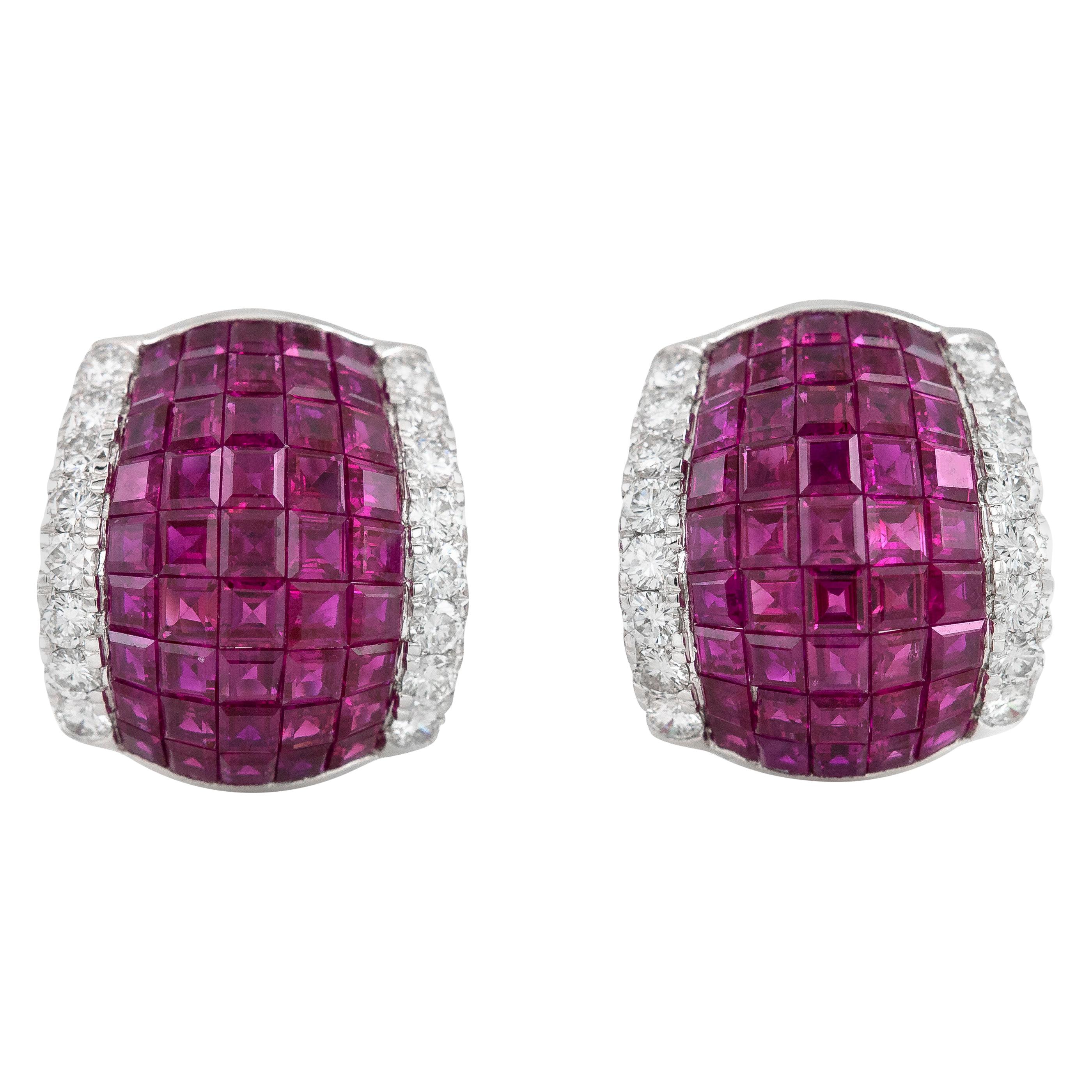 Oscar Heyman Invisible Setting Ruby Earrings with Diamonds For Sale