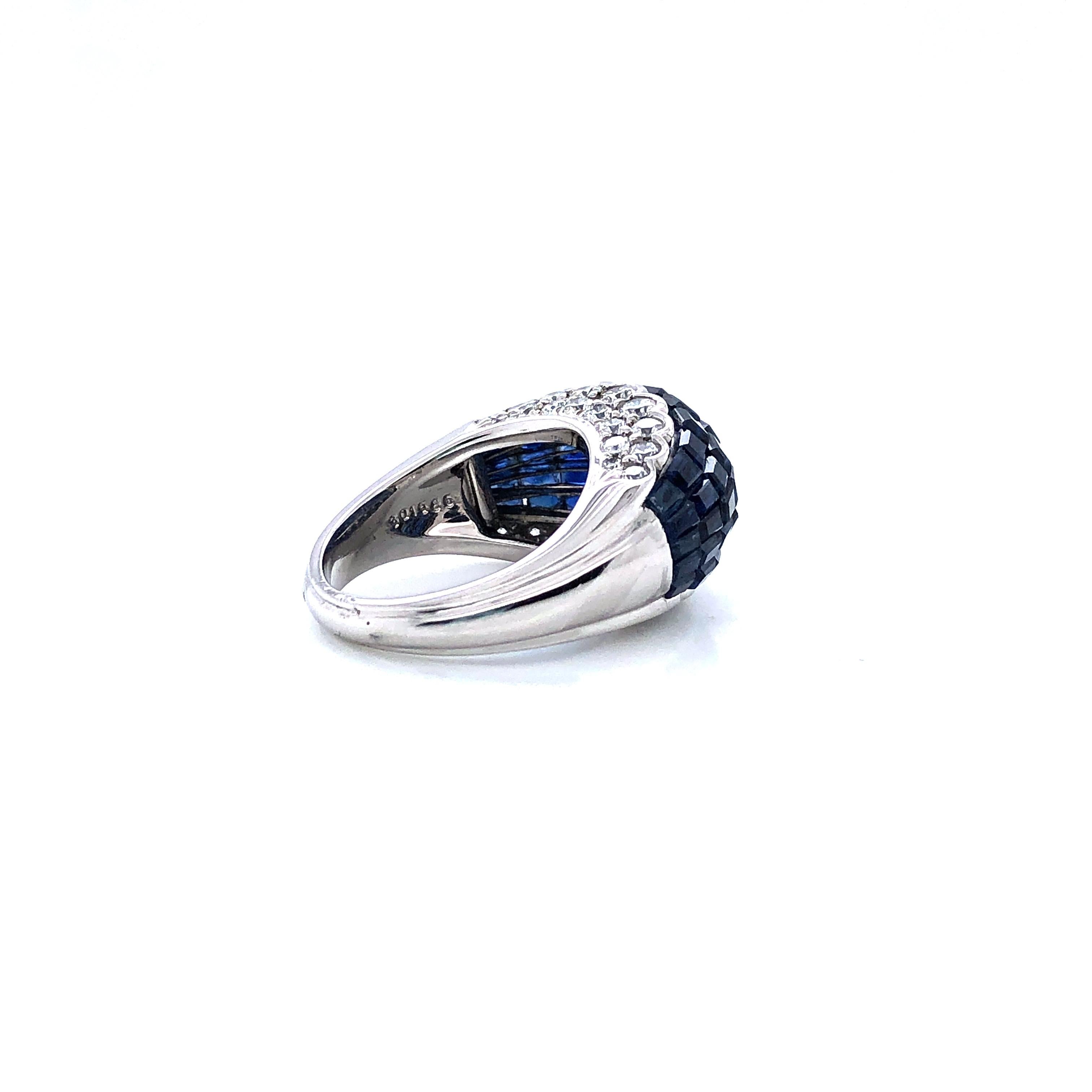 Contemporary Oscar Heyman Platinum Invisibly Set Sapphire & Diamond Bombe Ring sz 6.5 For Sale