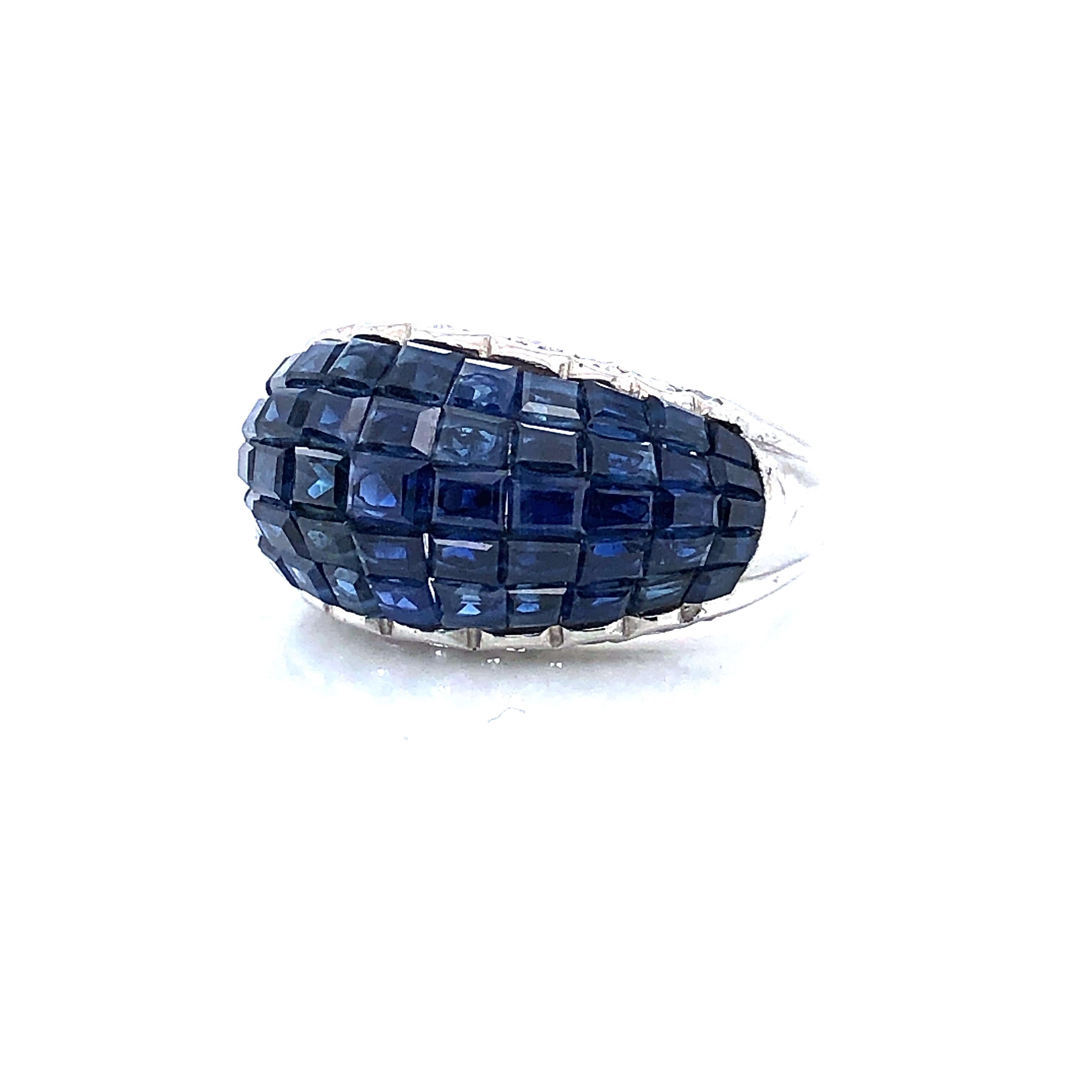 Square Cut Oscar Heyman Platinum Invisibly Set Sapphire Bombe Ring For Sale