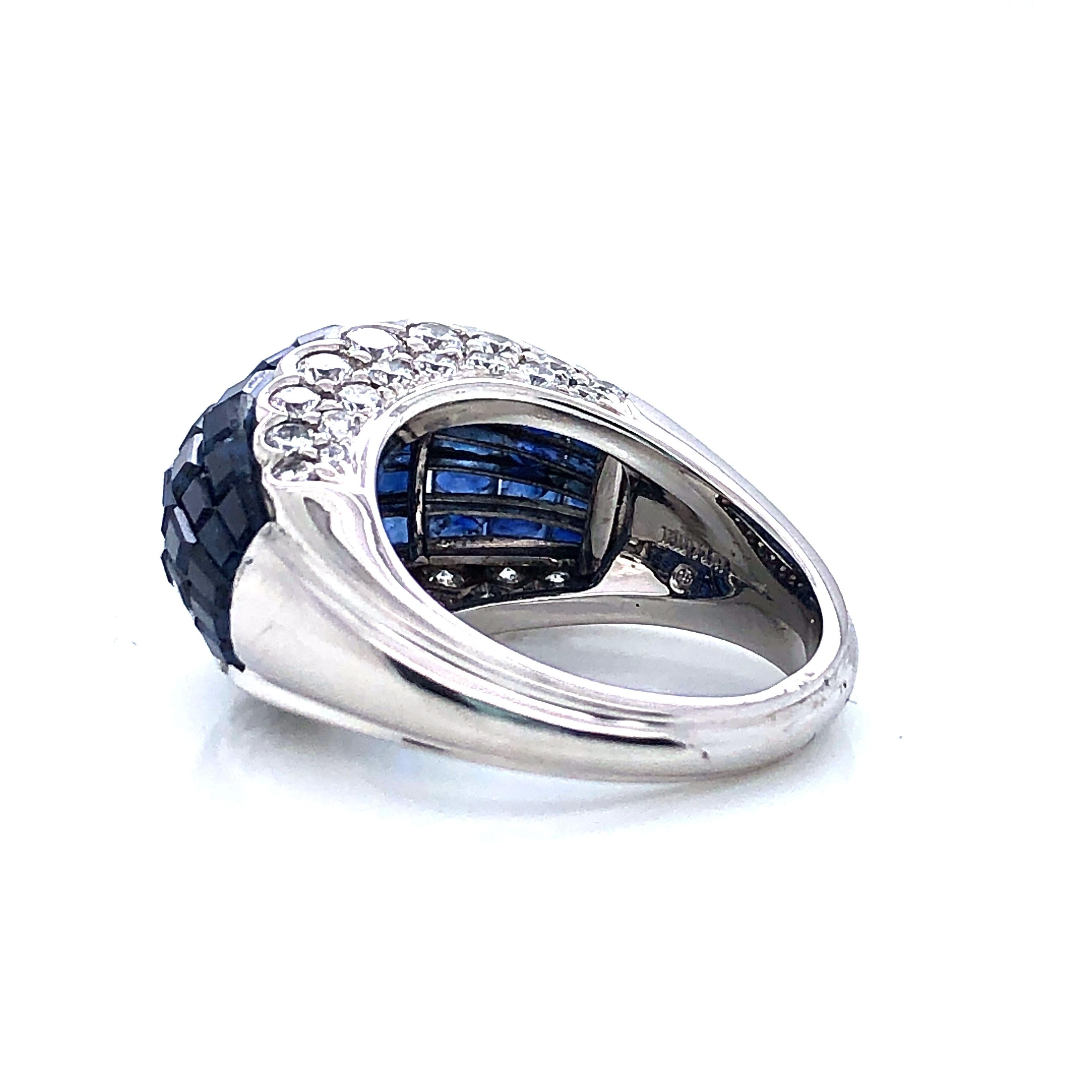 Oscar Heyman Platinum Invisibly Set Sapphire Bombe Ring In New Condition For Sale In New York City, NY