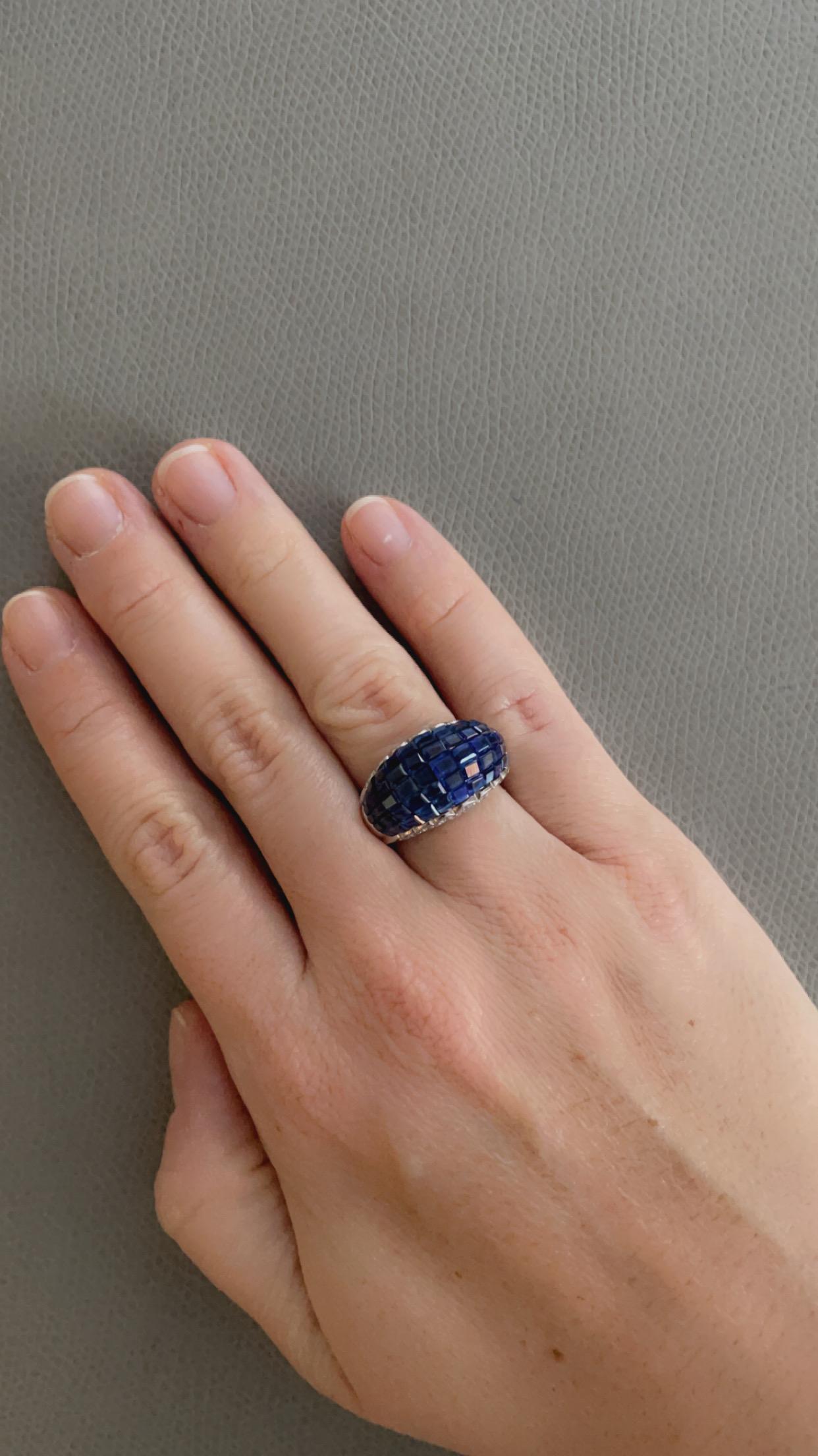 Oscar Heyman Platinum Invisibly Set Sapphire & Diamond Bombe Ring sz 6.5 For Sale 3