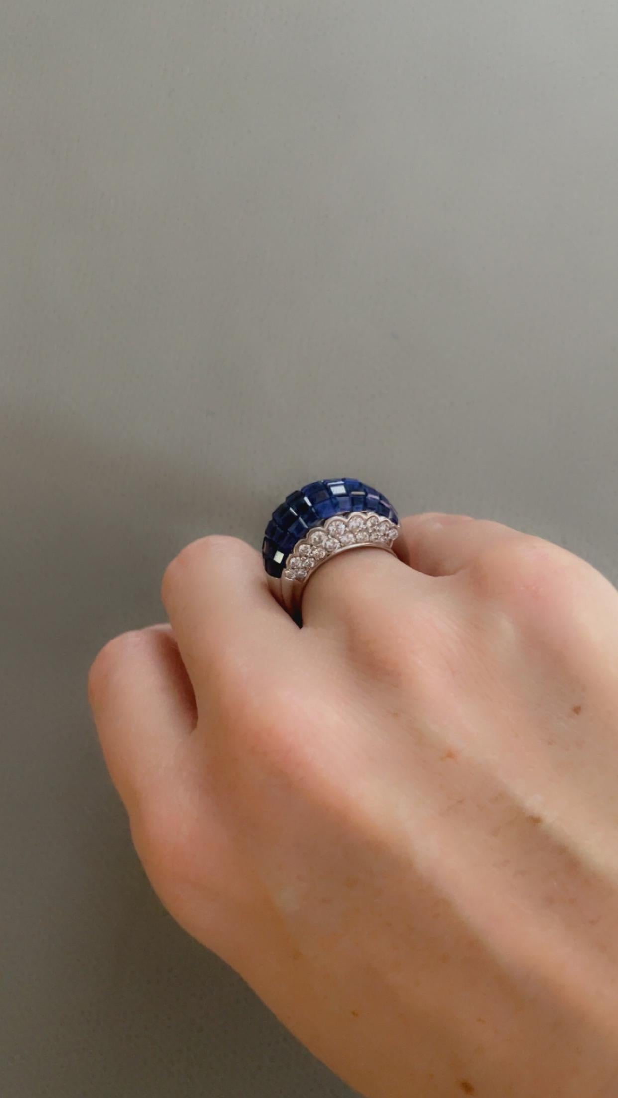 Oscar Heyman Platinum Invisibly Set Sapphire & Diamond Bombe Ring sz 6.5 For Sale 4
