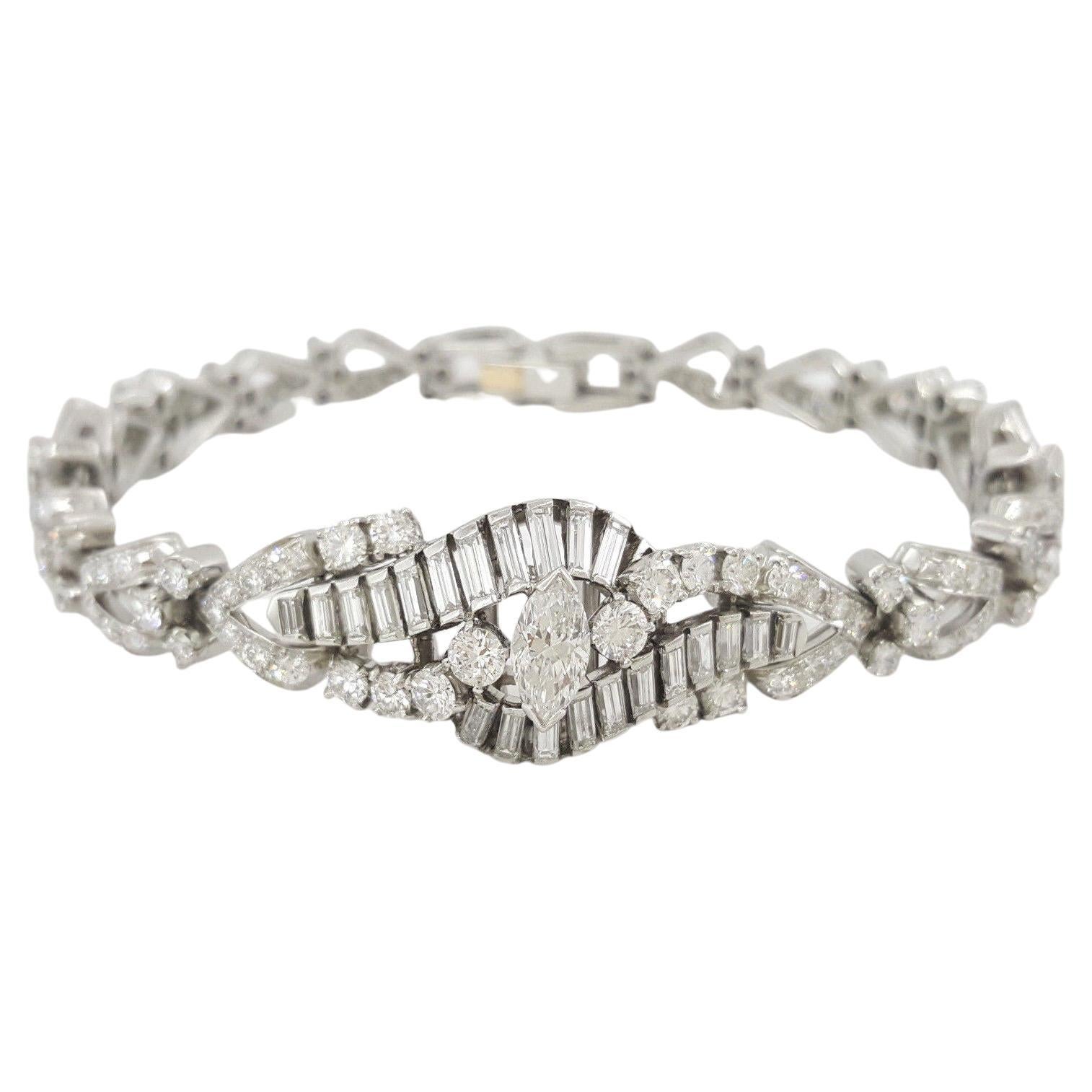 Oscar Heyman Bracciale in platino con taglio marquise, baguette e brillante rotondo in vendita