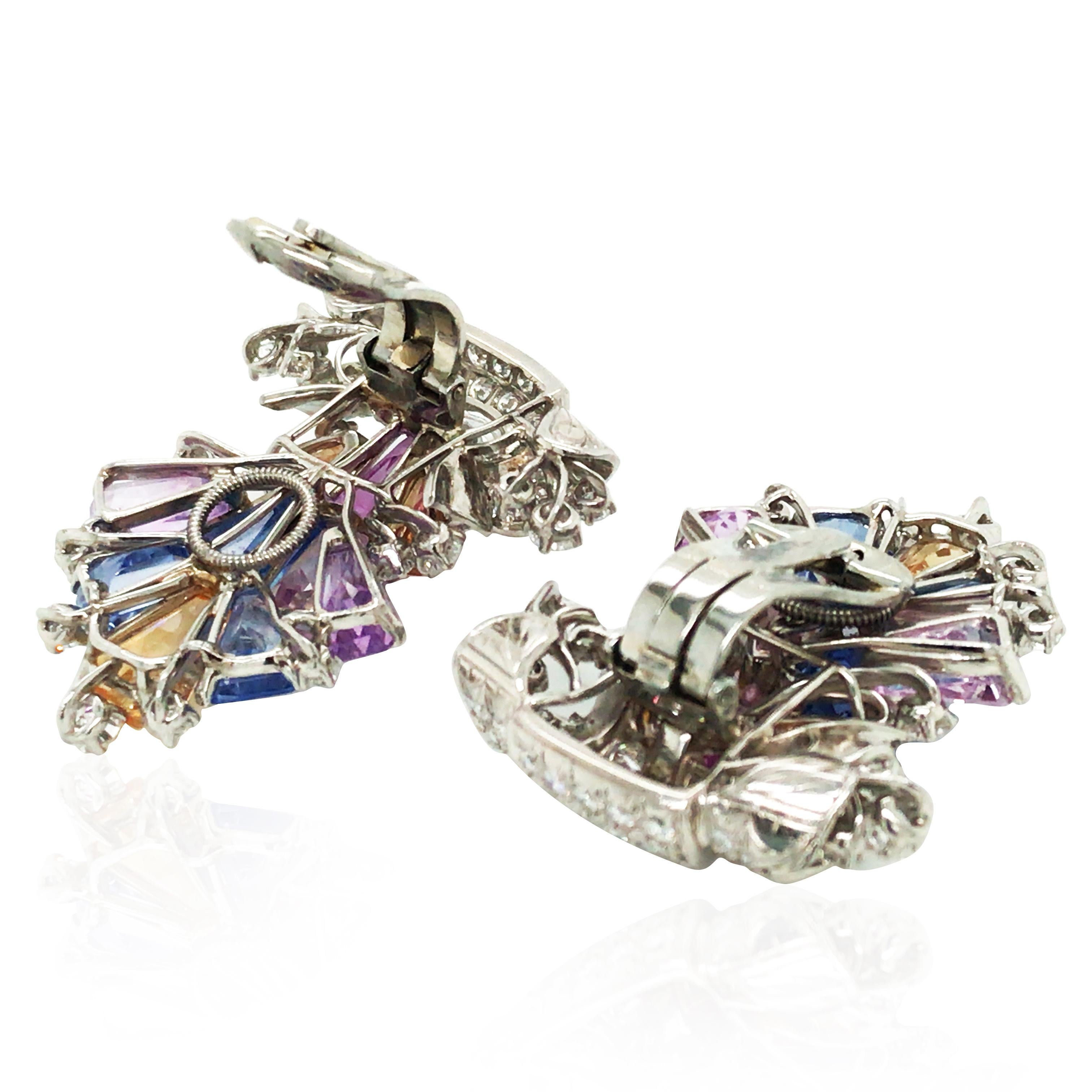 Oscar Heyman, Platinum Multi-color Sapphire Diamond Earrings, Certificate In Good Condition For Sale In New York, NY