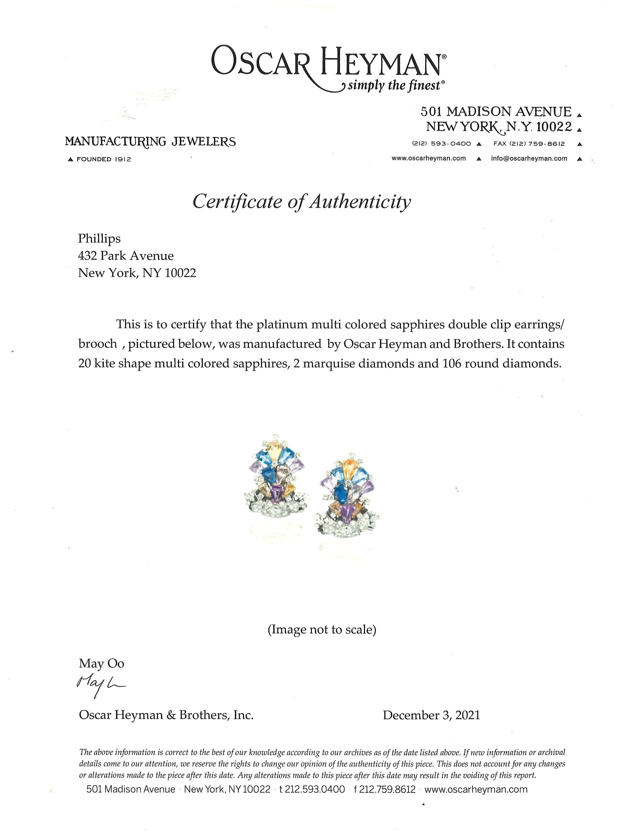 Oscar Heyman, Platinum Multi-color Sapphire Diamond Earrings, Certificate For Sale 1