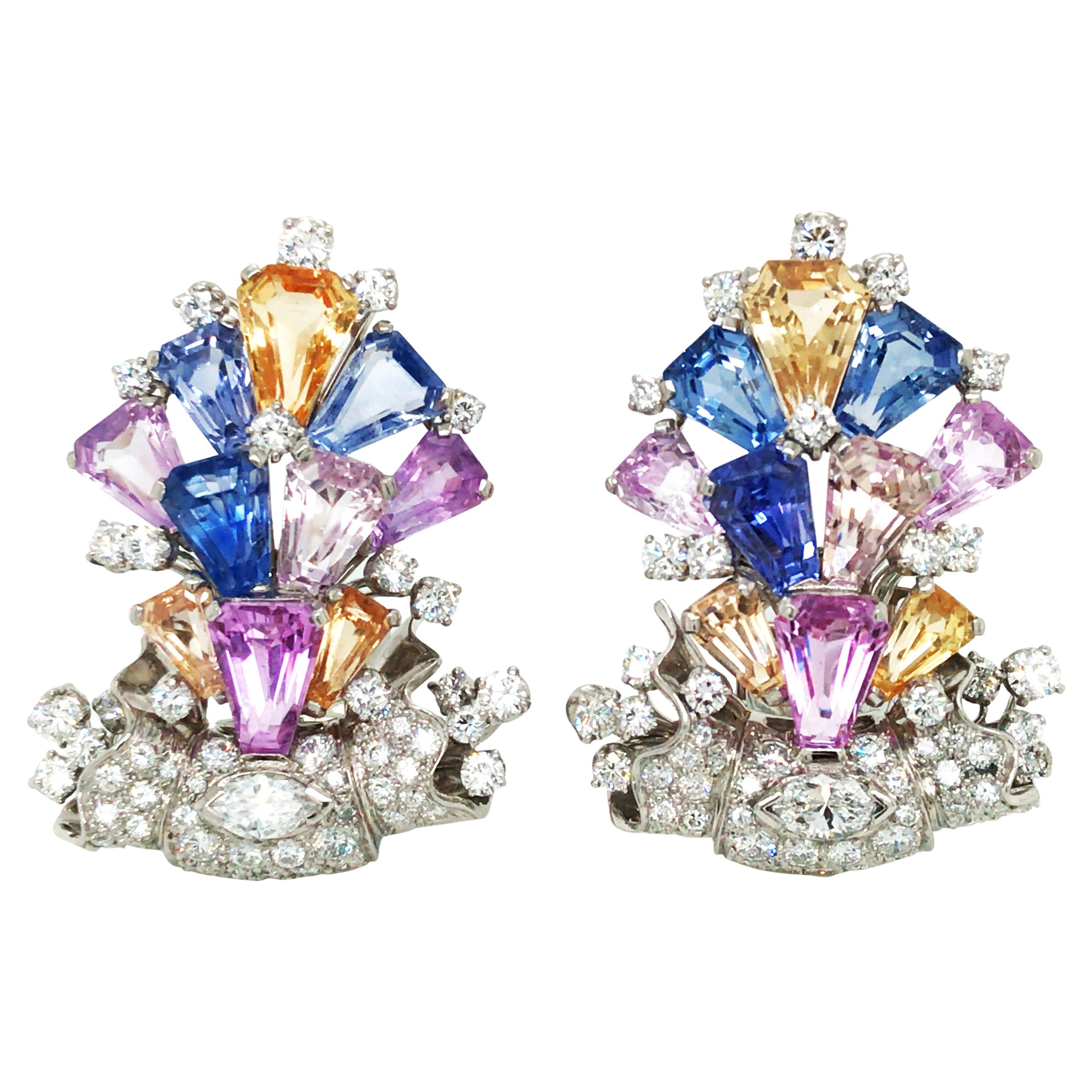 Oscar Heyman, Platinum Multi-color Sapphire Diamond Earrings, Certificate For Sale