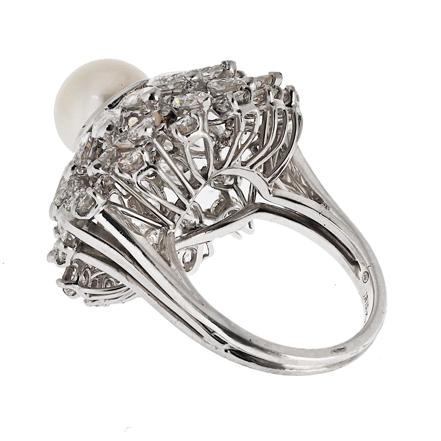 Oscar Heyman Platin Perle und Diamant 6,00cttw Cluster-Ring (Rundschliff) im Angebot