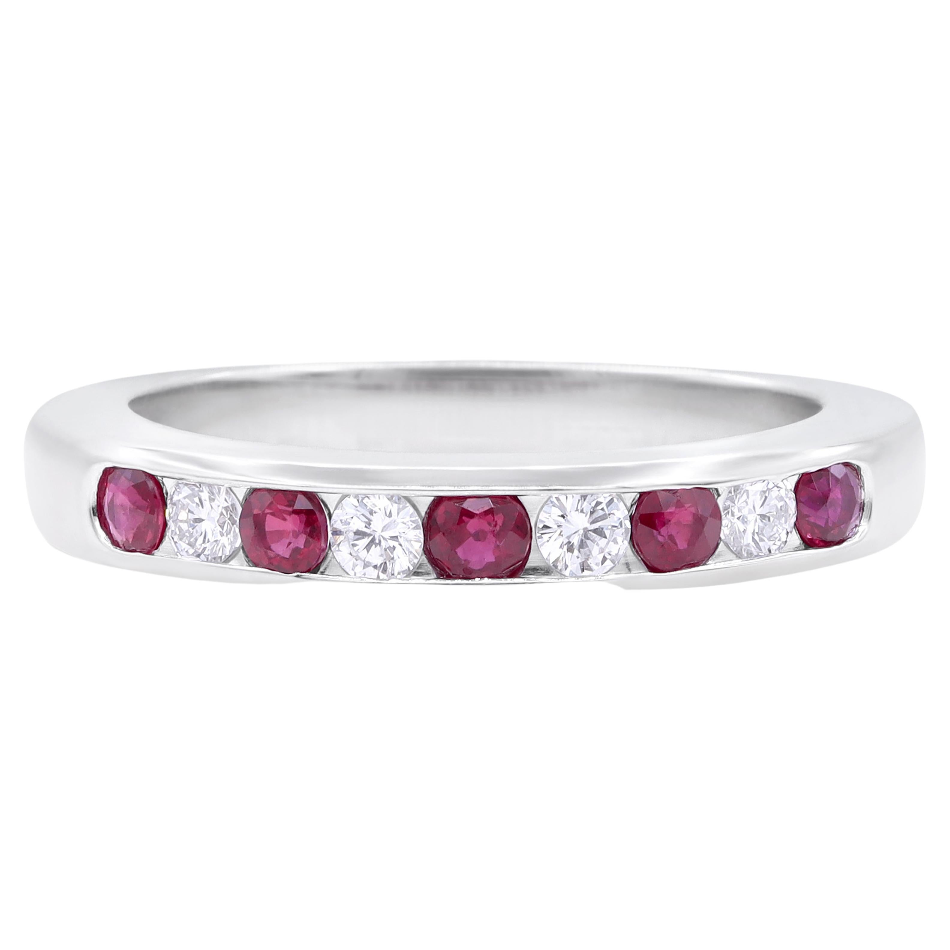 Oscar Heyman Platinum Round Ruby and Diamond Partway Wedding Band Ring For Sale