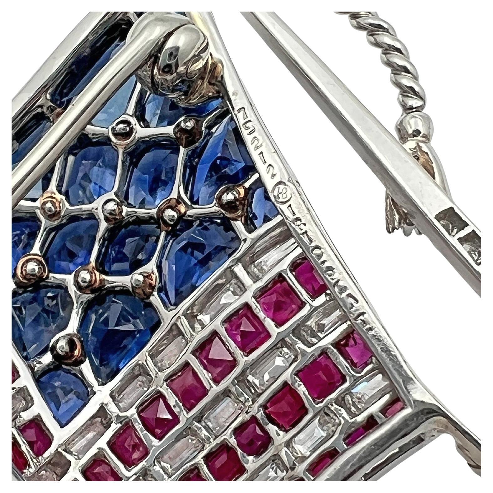 Oscar Heyman Platinum Ruby Diamond Sapphire American Flag Pin For Sale 1
