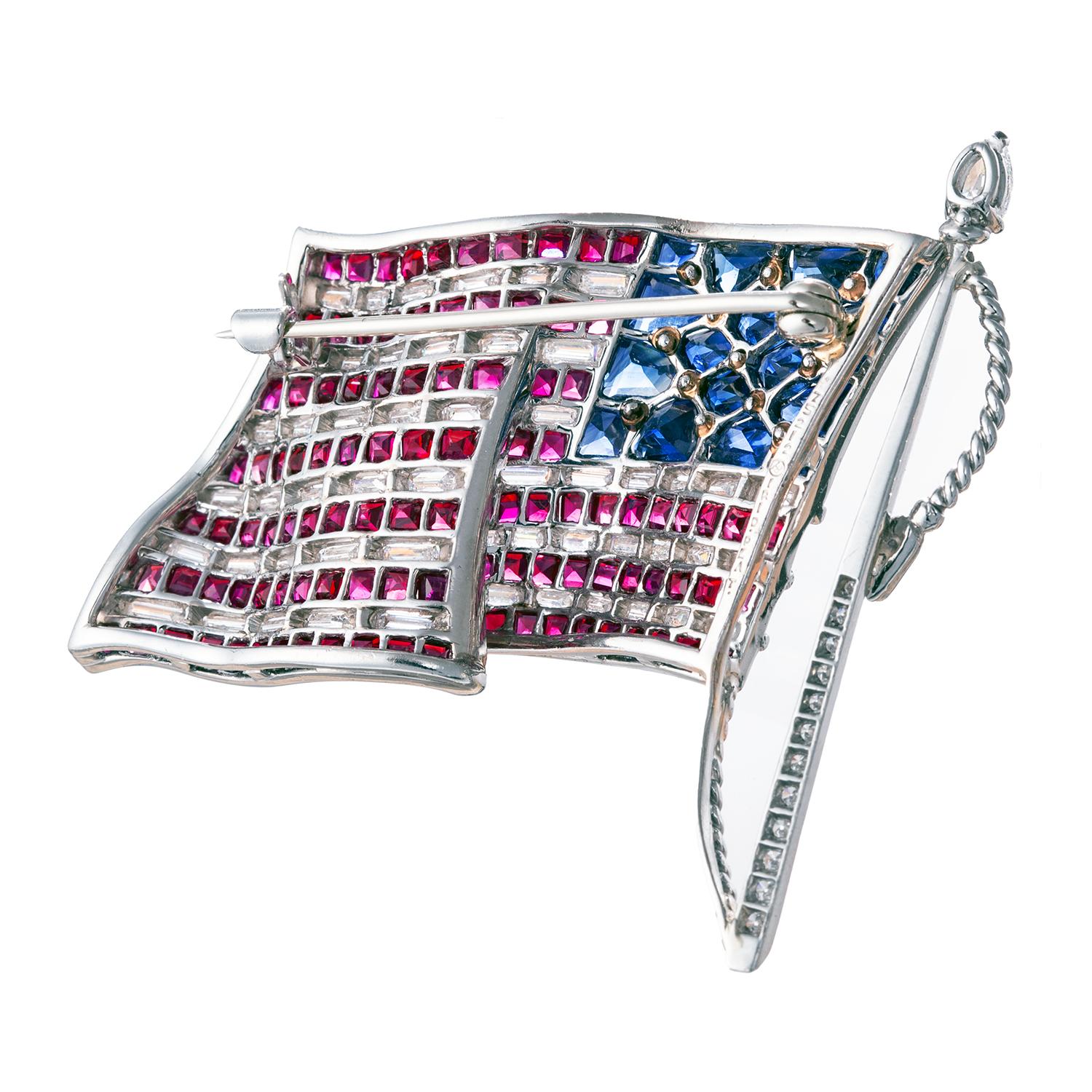 Oscar Heyman Platinum Ruby Diamond Sapphire American Flag Pin In Excellent Condition For Sale In Palm Beach, FL
