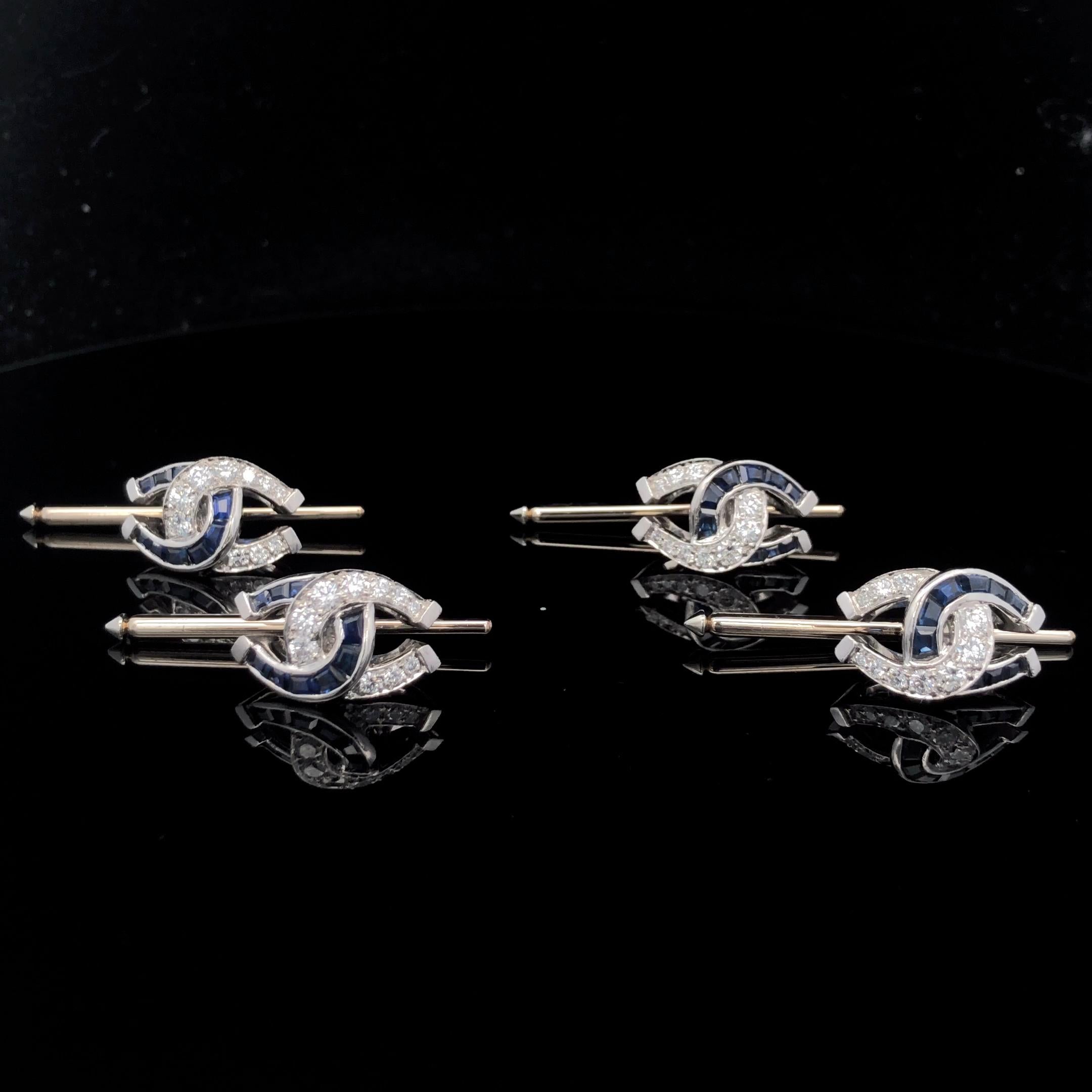 Oscar Heyman Hufeisenhemdstecker aus Platin mit Saphiren und Diamanten, 4er-Set (Carréeschliff)