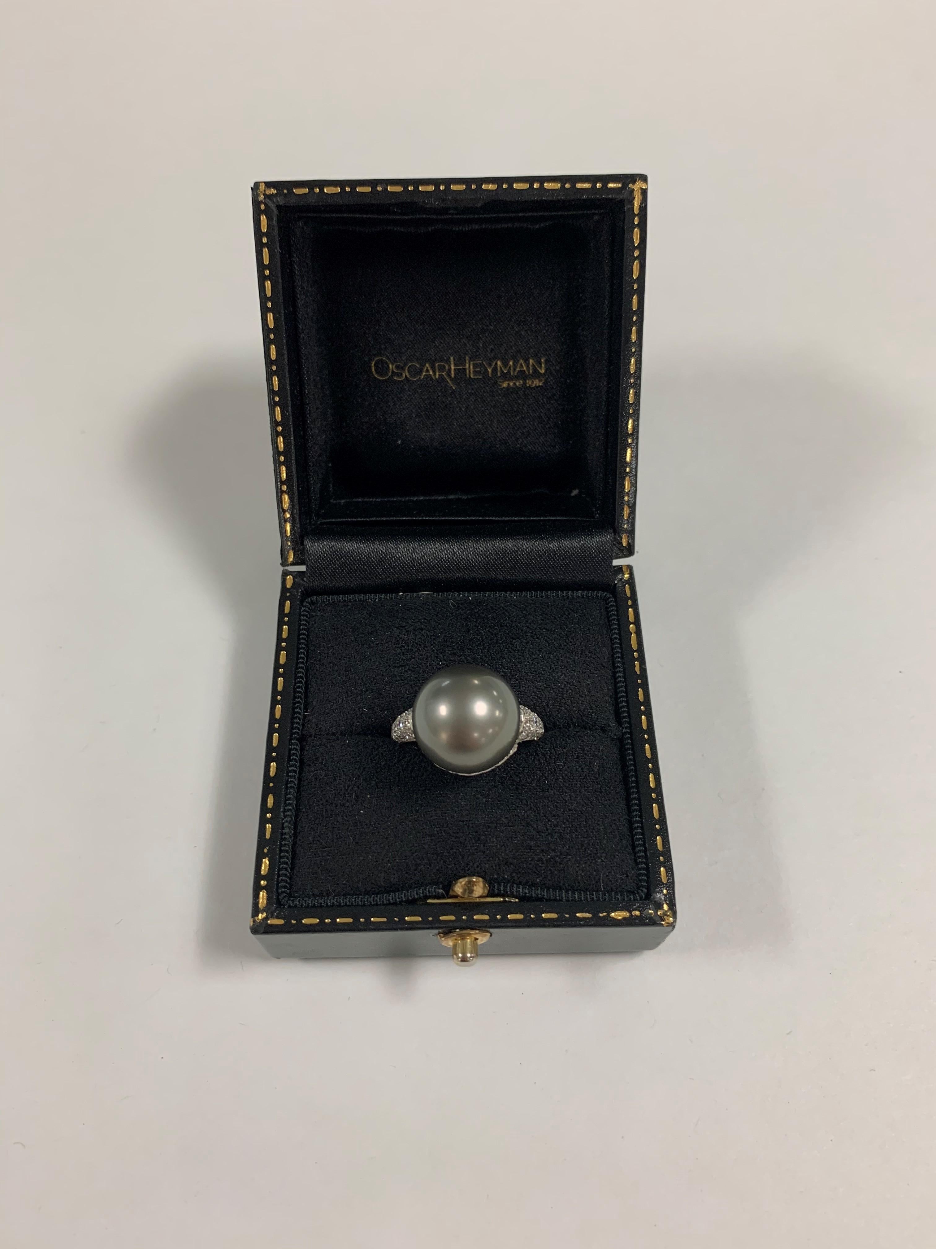 Women's Oscar Heyman Platinum Tahitian Pearl and Diamond Ring For Sale