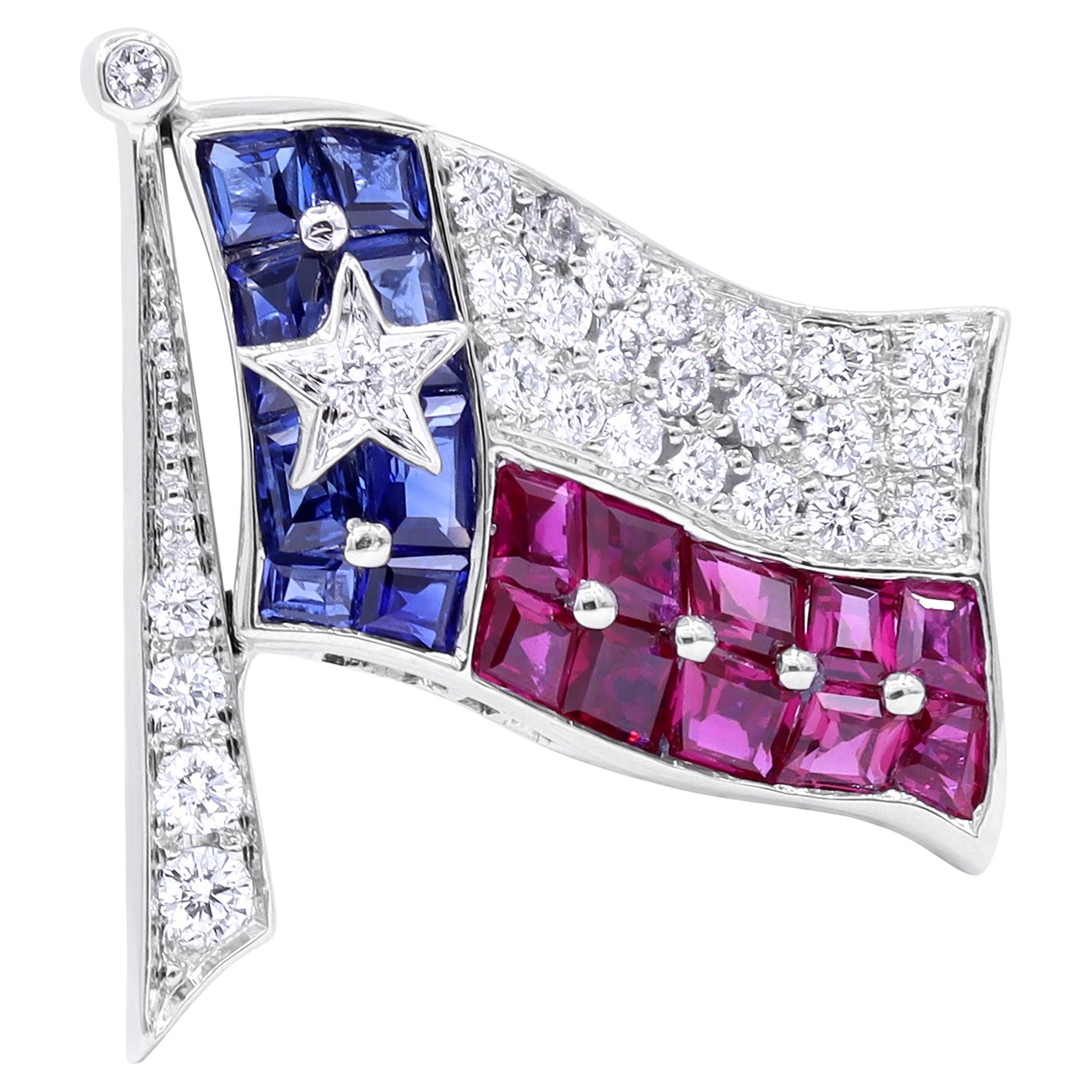 Oscar Heyman Platinum Texas Flag Pin with Ruby, Sapphire, and Diamond For Sale