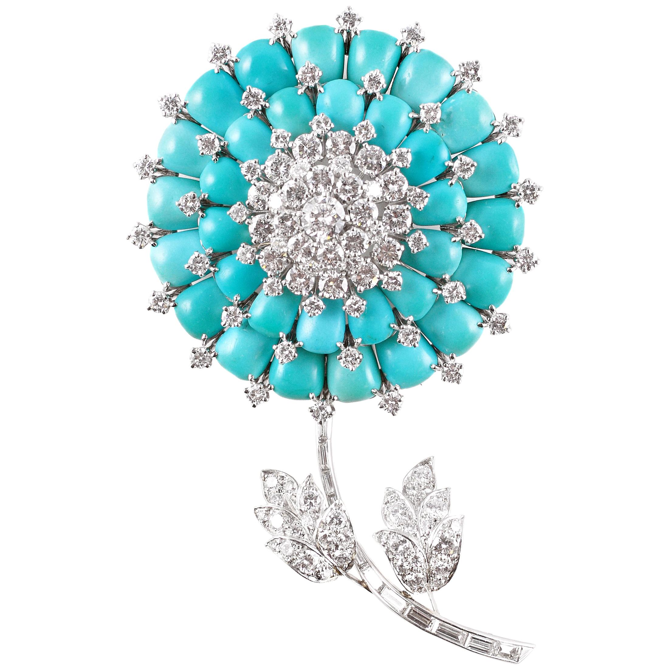 Oscar Heyman Platinum, Turquoise and 10.70 Carat Diamond Brooch