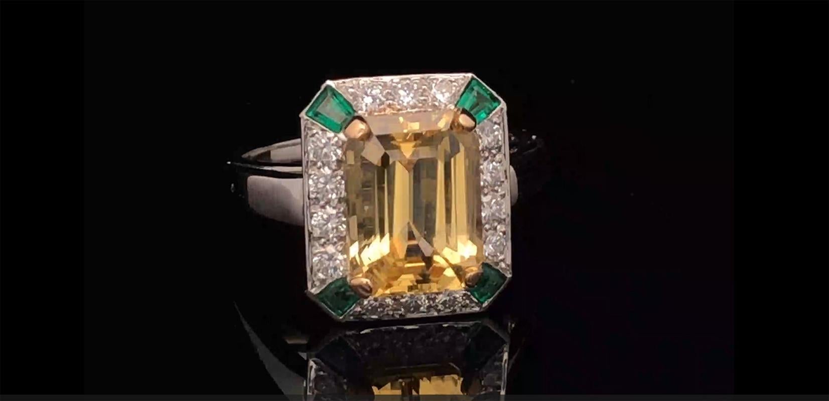 Emerald Cut Oscar Heyman Platinum Unheated Vivid Yellow Sapphire, Emerald & Diamond Ring