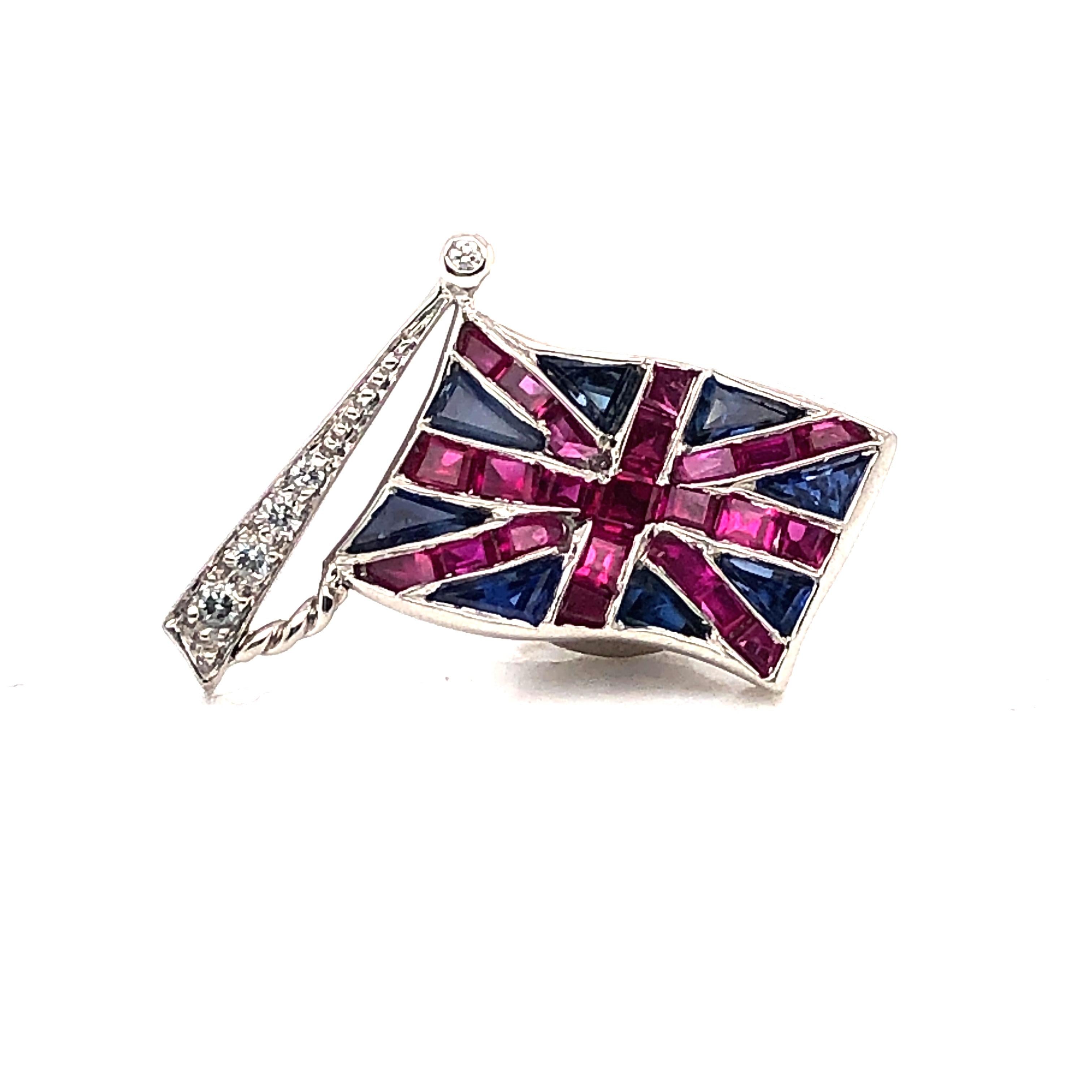 Square Cut Oscar Heyman Platinum Union Jack Diamond, Sapphire, and Ruby Lapel Pin For Sale