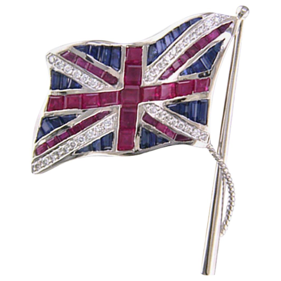 Oscar Heyman Broche drapeau Union Jack en platine, rubis, saphirs et diamants en vente