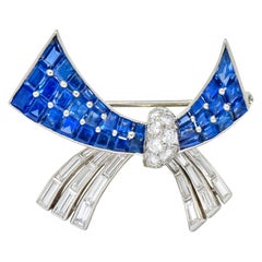 Oscar Heyman Retro 6.10 Carat Sapphire Diamond Platinum Bow Brooch