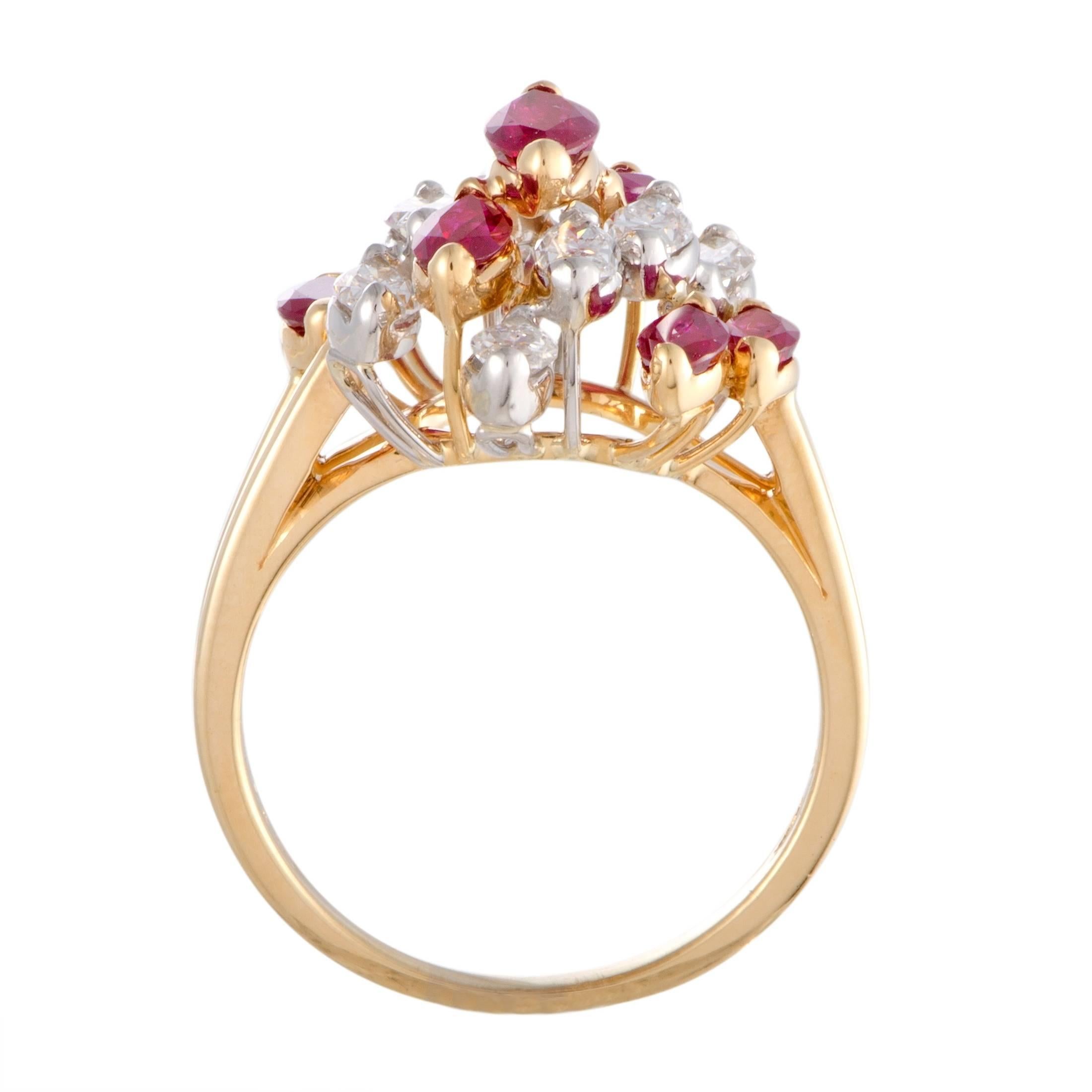 Intriguing with their astonishing cut and fascinating manner of arrangement, the passionate rubies amounting to 1.50 carats and the scintillating diamonds weighing in total 1.20 carats produce a spellbinding and memorable sight in this sumptuous 18K