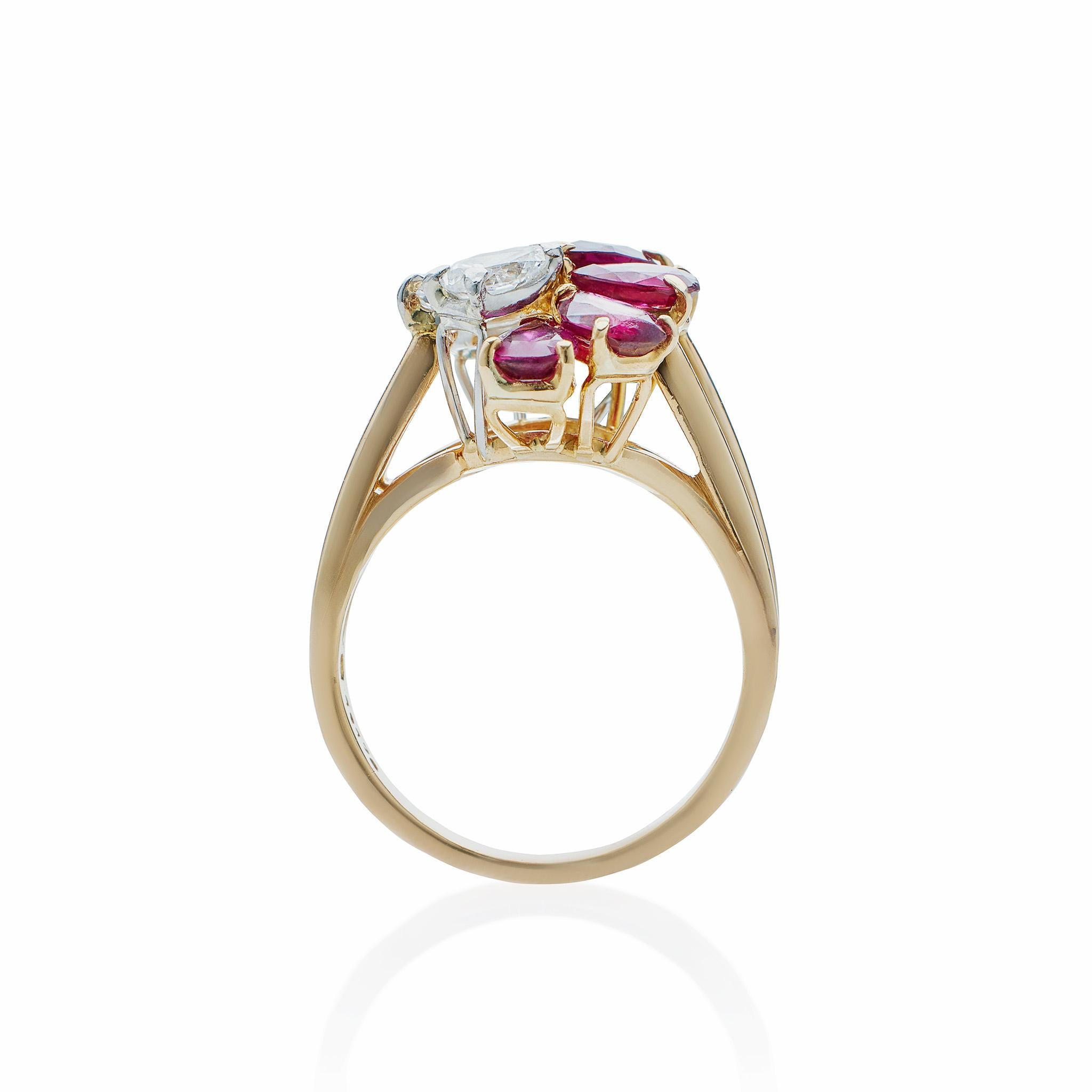 Pear Cut Oscar Heyman Ruby and Diamond Flower Ring For Sale