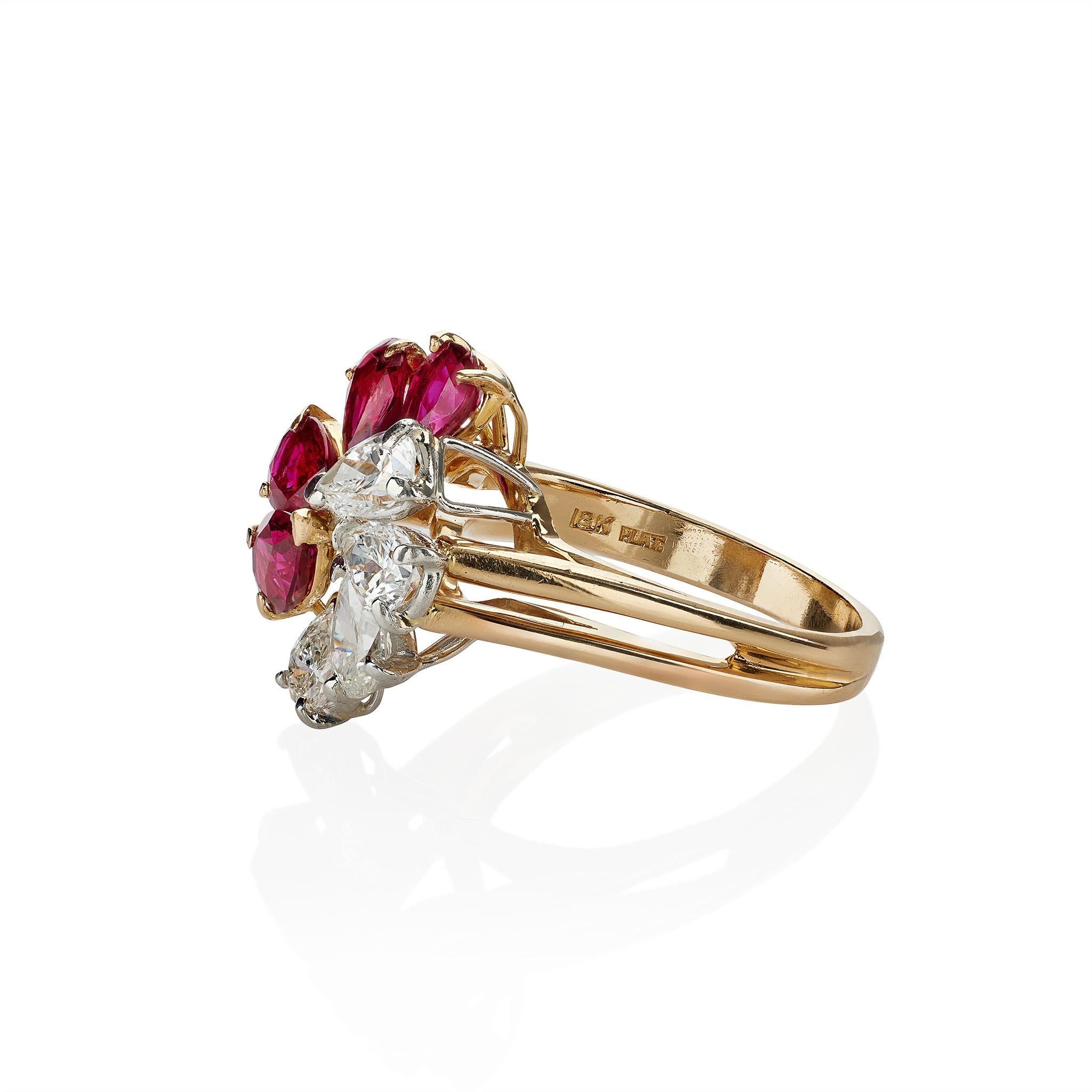 Women's or Men's Oscar Heyman Ruby and Diamond Flower Ring For Sale