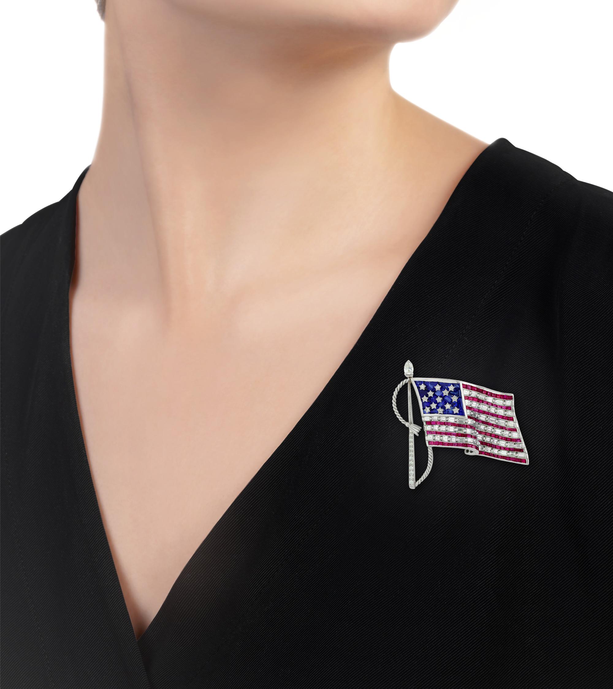 Modern Oscar Heyman Ruby and Sapphire American Flag Brooch