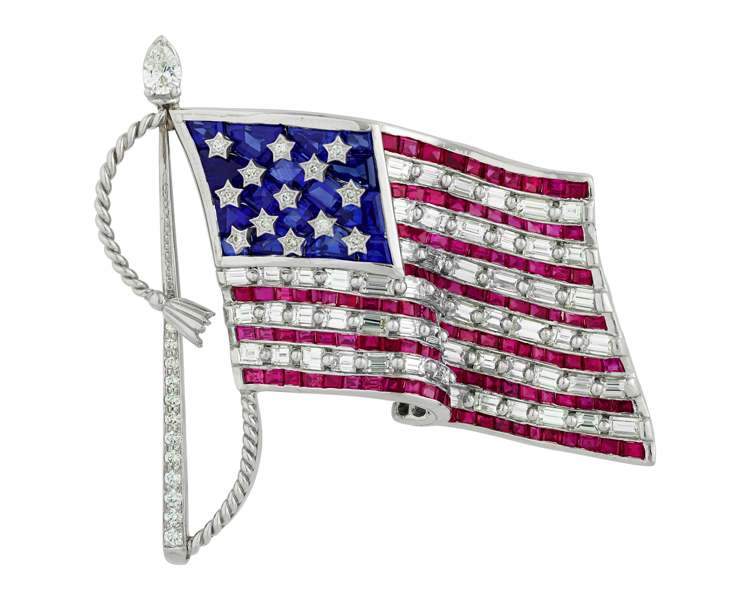 Baguette Cut Oscar Heyman Ruby and Sapphire American Flag Brooch