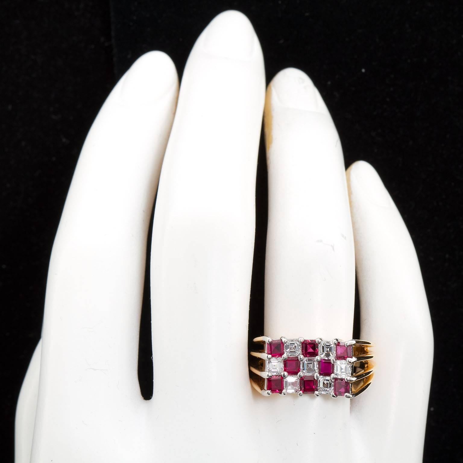 A classic fashion statement by Oscar Heyman. The checkerboard ring contains seven square emerald diamonds and eight square step cut rubies in an 18k yellow gold wide ring.
Contains 1.30 ct of high quality near colorless diamonds and  1.45 cts of