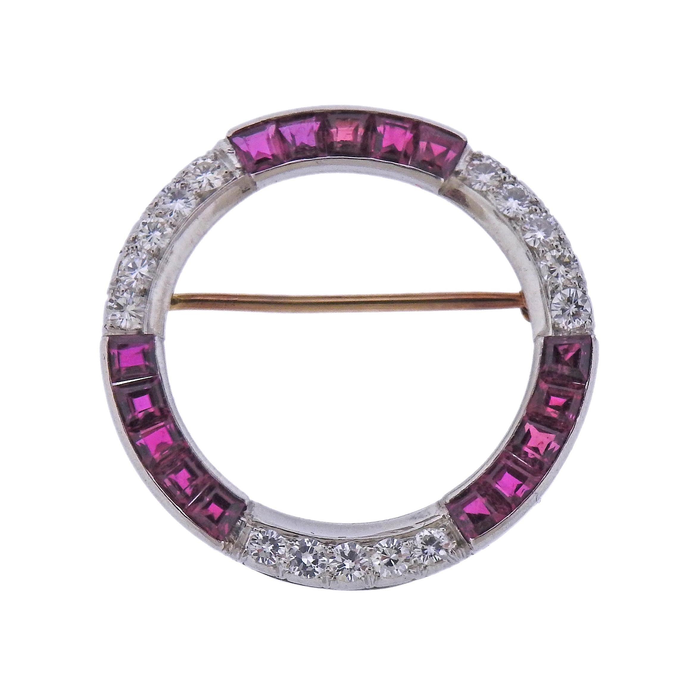 Oscar Heyman Ruby Diamond Gold Platinum Circle Brooch For Sale