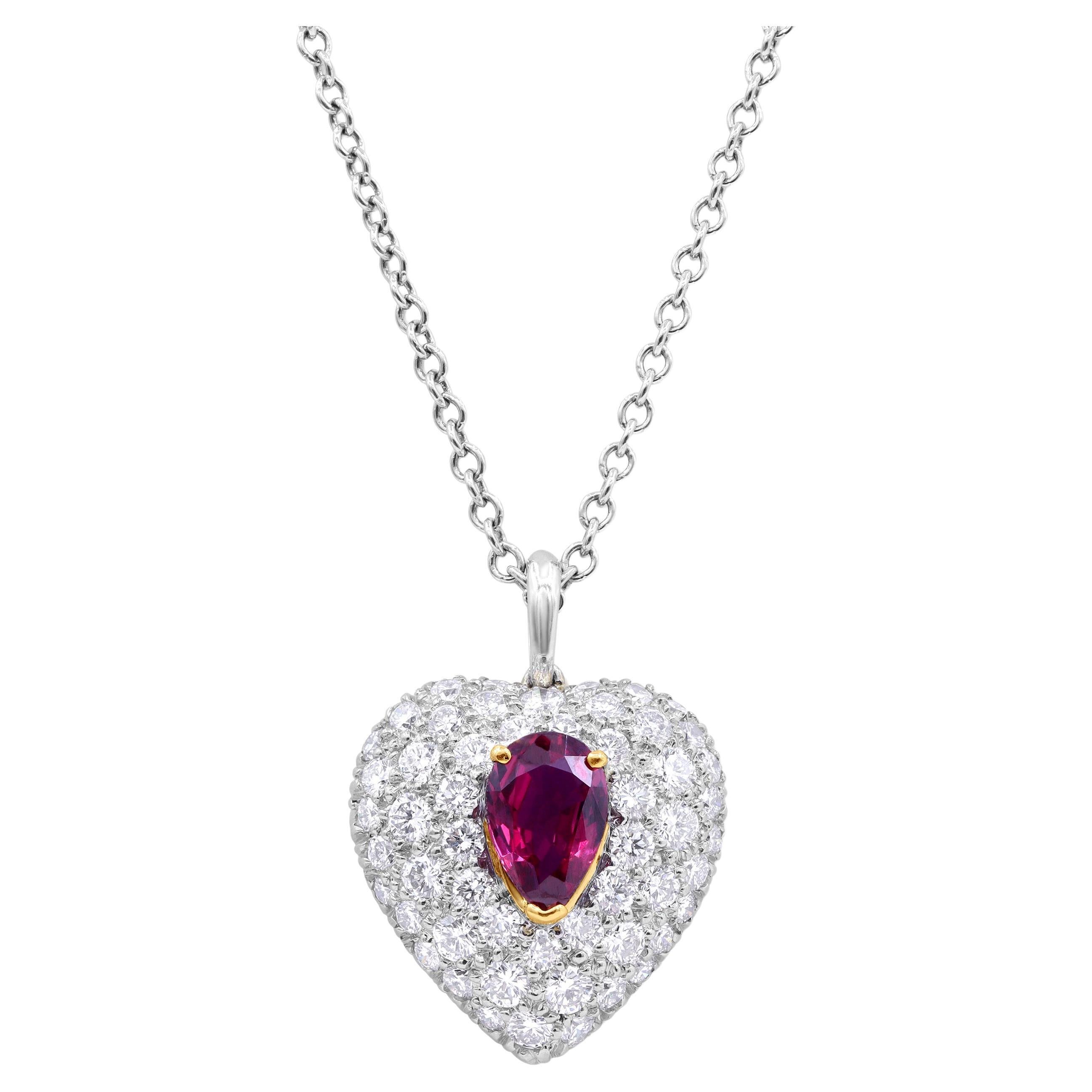 Oscar Heyman Ruby & Diamond Heart Shaped Pendant Necklace For Sale