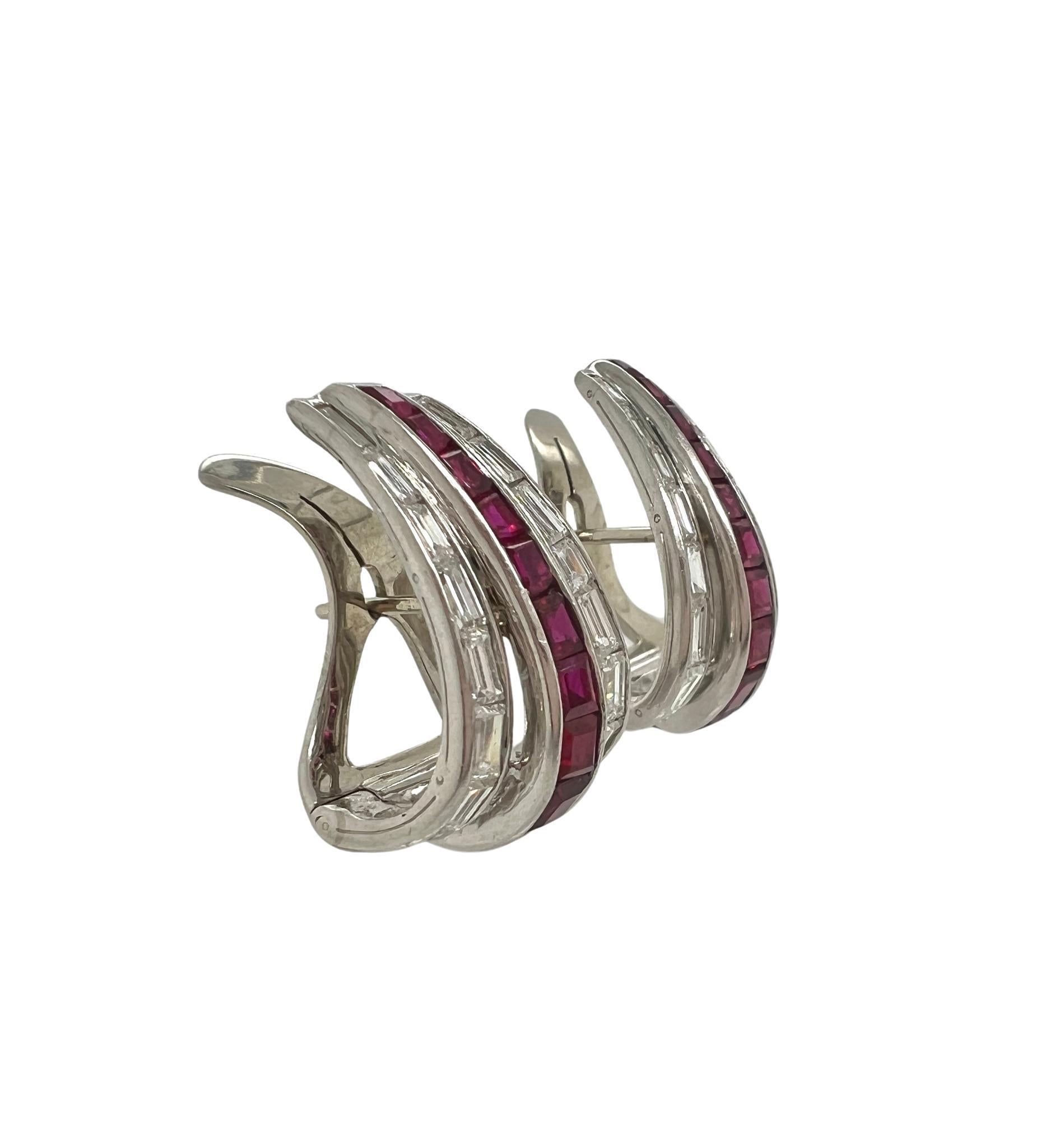Baguette Cut Oscar Heyman Ruby Diamond Hoop Earrings For Sale