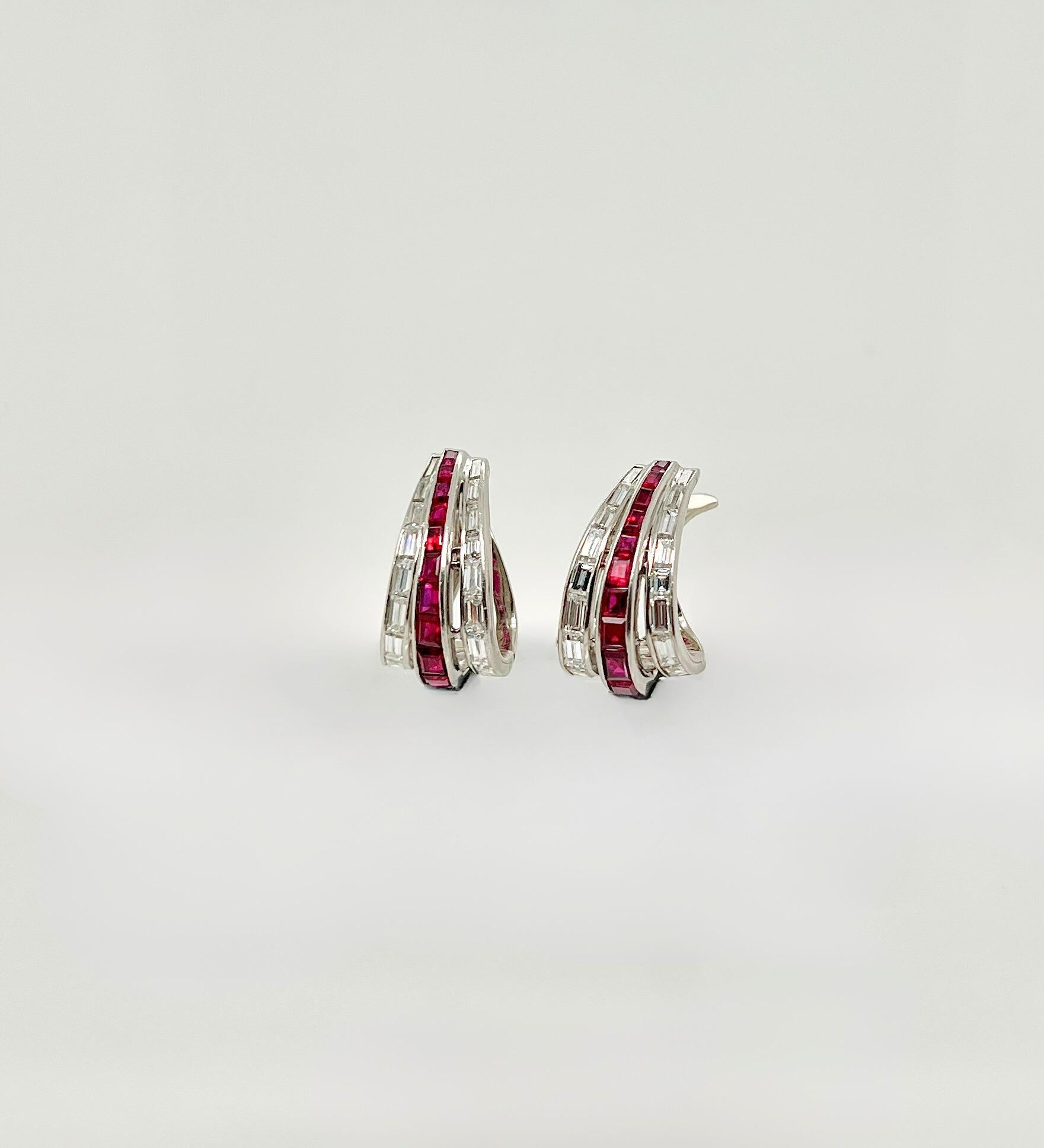 Oscar Heyman Ruby Diamond Hoop Earrings In Excellent Condition For Sale In New York, NY