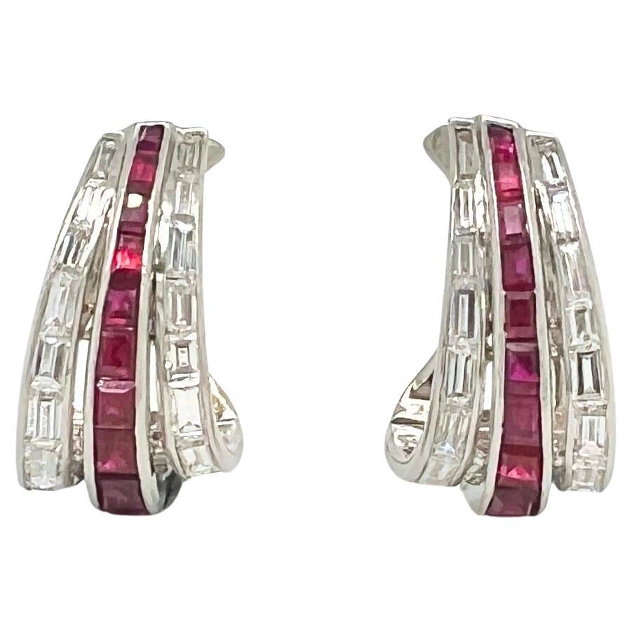 Oscar Heyman Ruby Diamond Hoop Earrings For Sale