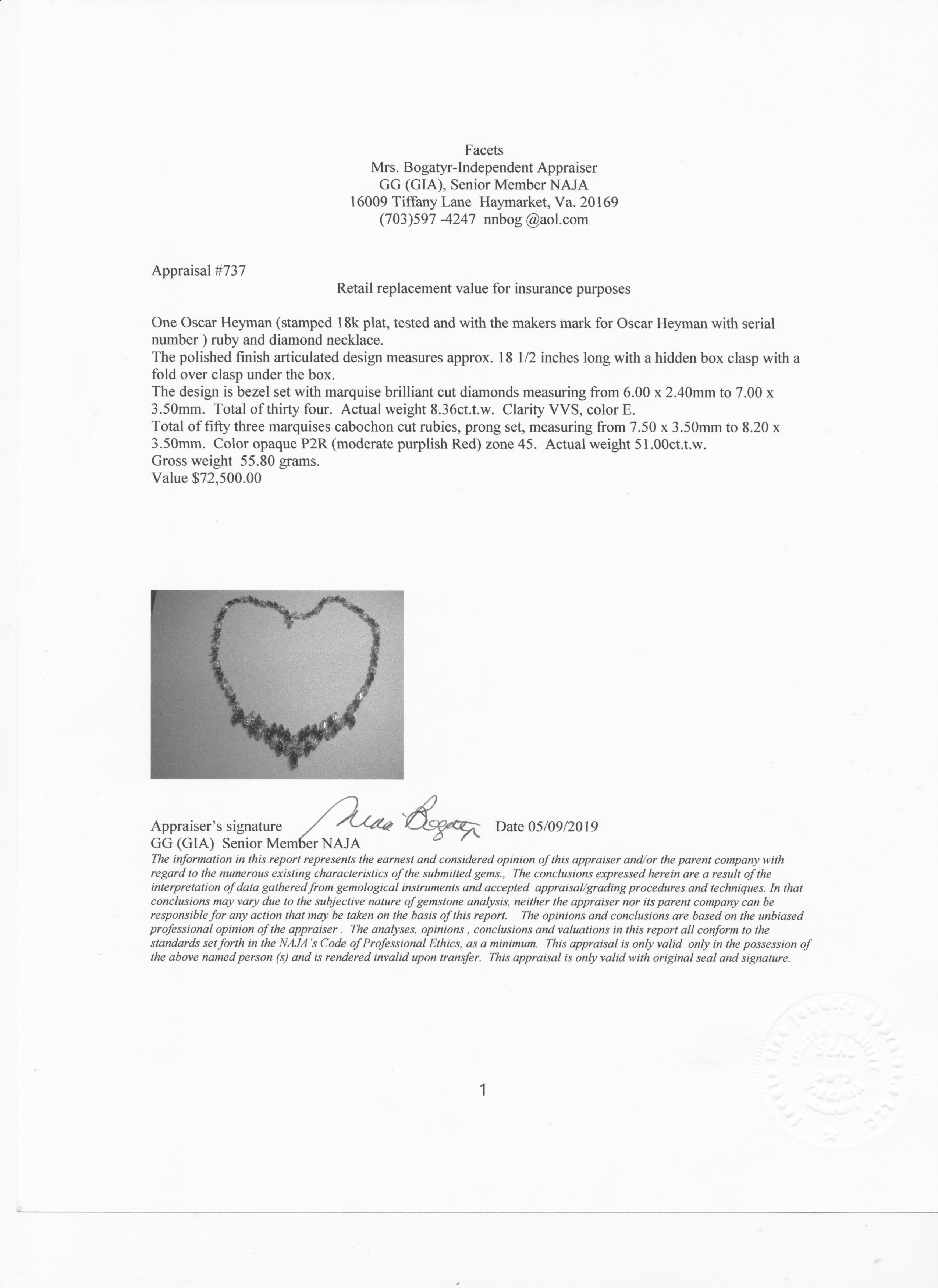 Oscar Heyman Collana con diamanti e rubini in oro 18 carati e platino con certificazione GIA 59ct in vendita 7