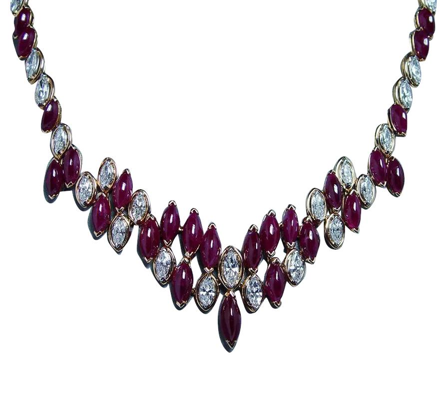 Rétro Oscar Heyman Collana con diamanti e rubini in oro 18 carati e platino con certificazione GIA 59ct in vendita