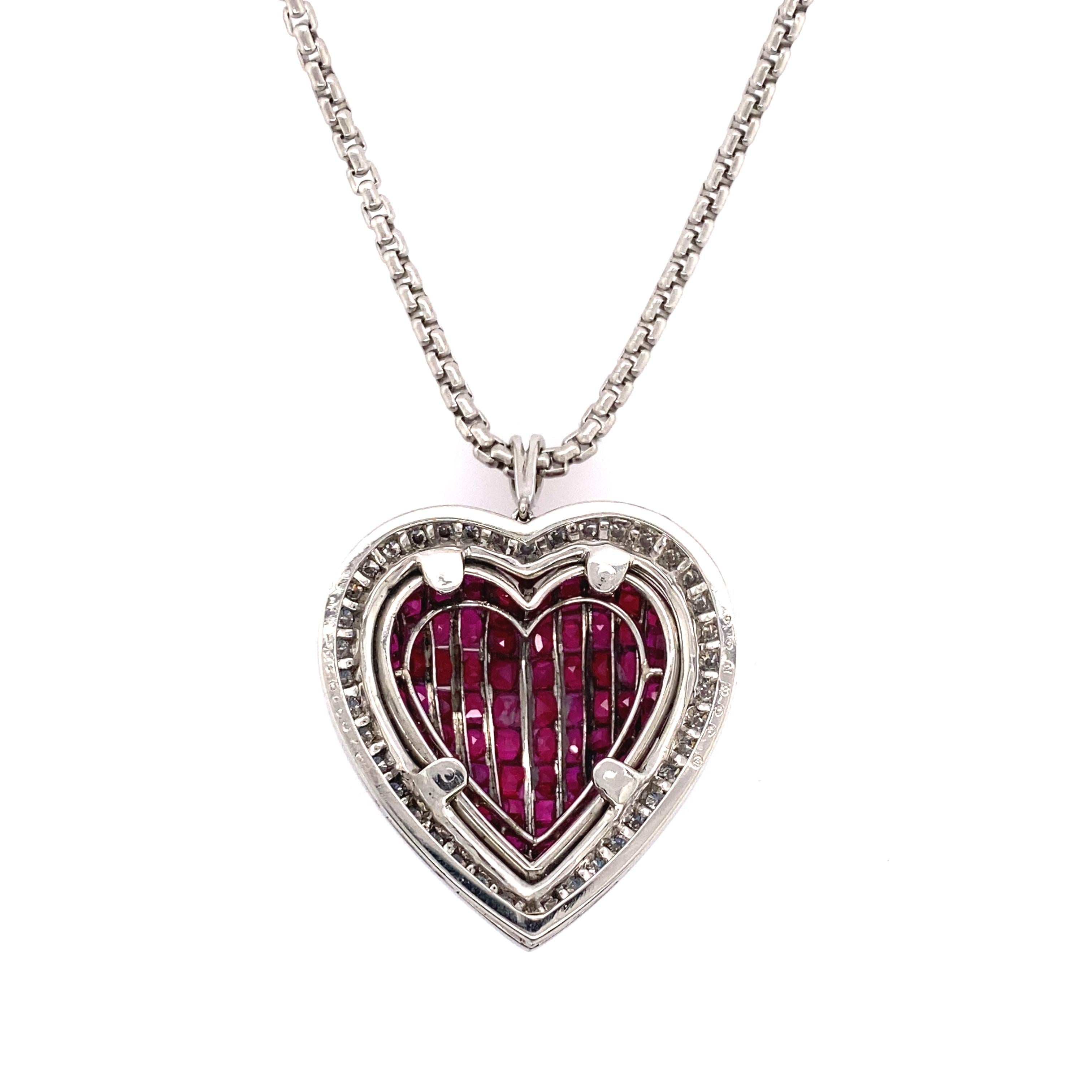 This Large Heart Pendant necklace by Oscar Heyman has approx. 25 cts ruby and 2 cts of diamond. 
With Certificate of Authenticity. 
Necklace Length 19 inches.
Heart 37 mm  x 40 mm