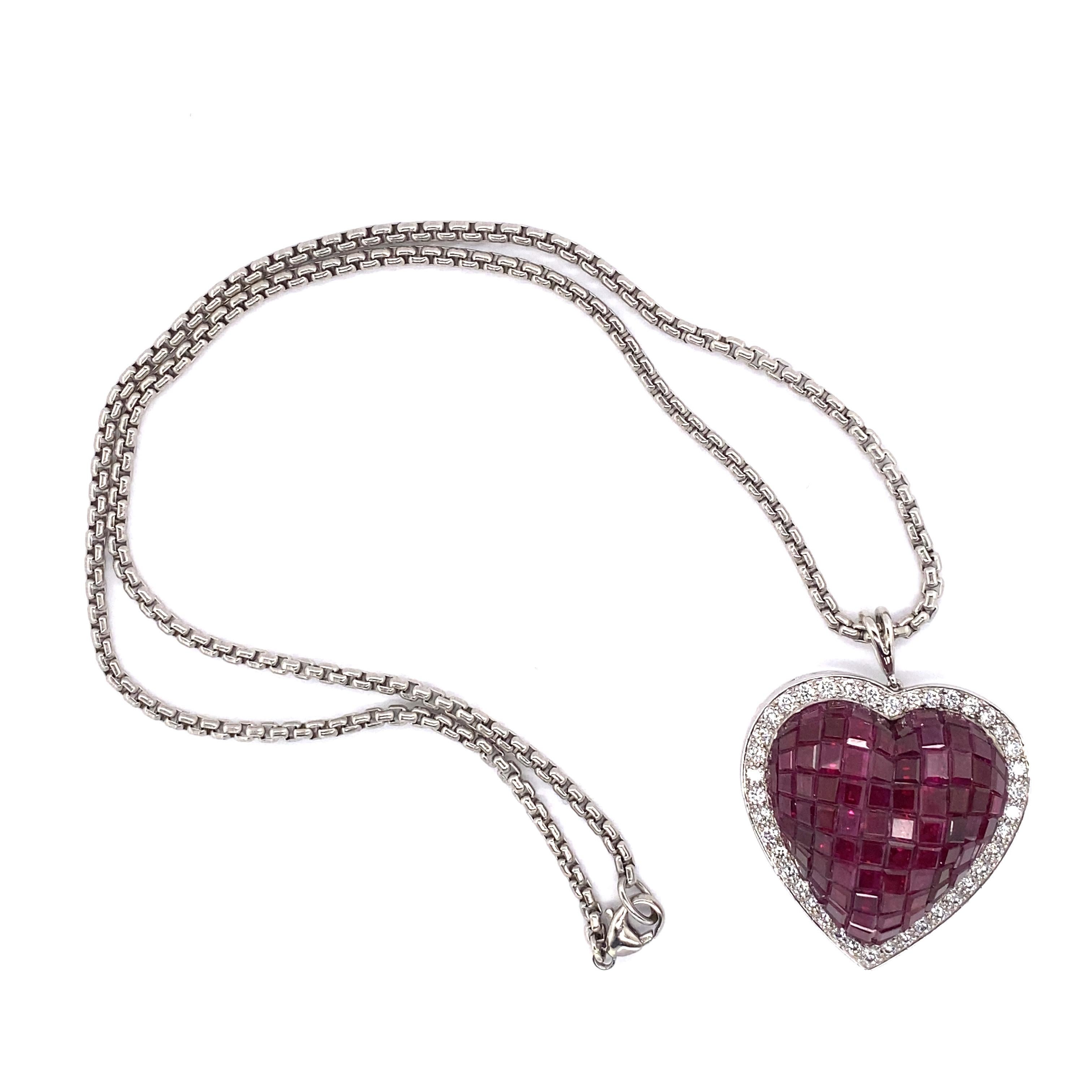 Oscar Heyman Ruby Diamond Pendant Heart Necklace In Excellent Condition In New York, NY