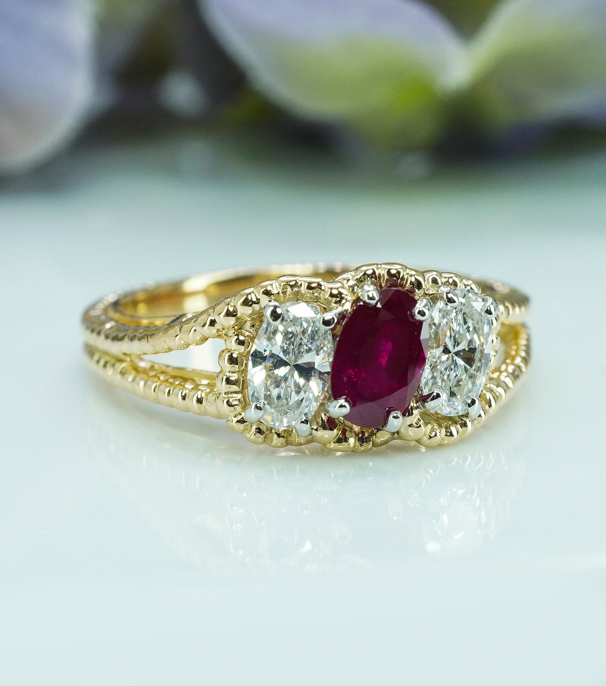 Oscar Heyman Ruby Oval Diamond 3 stone Ring 18K Gold Platinum Designer Signed For Sale 5