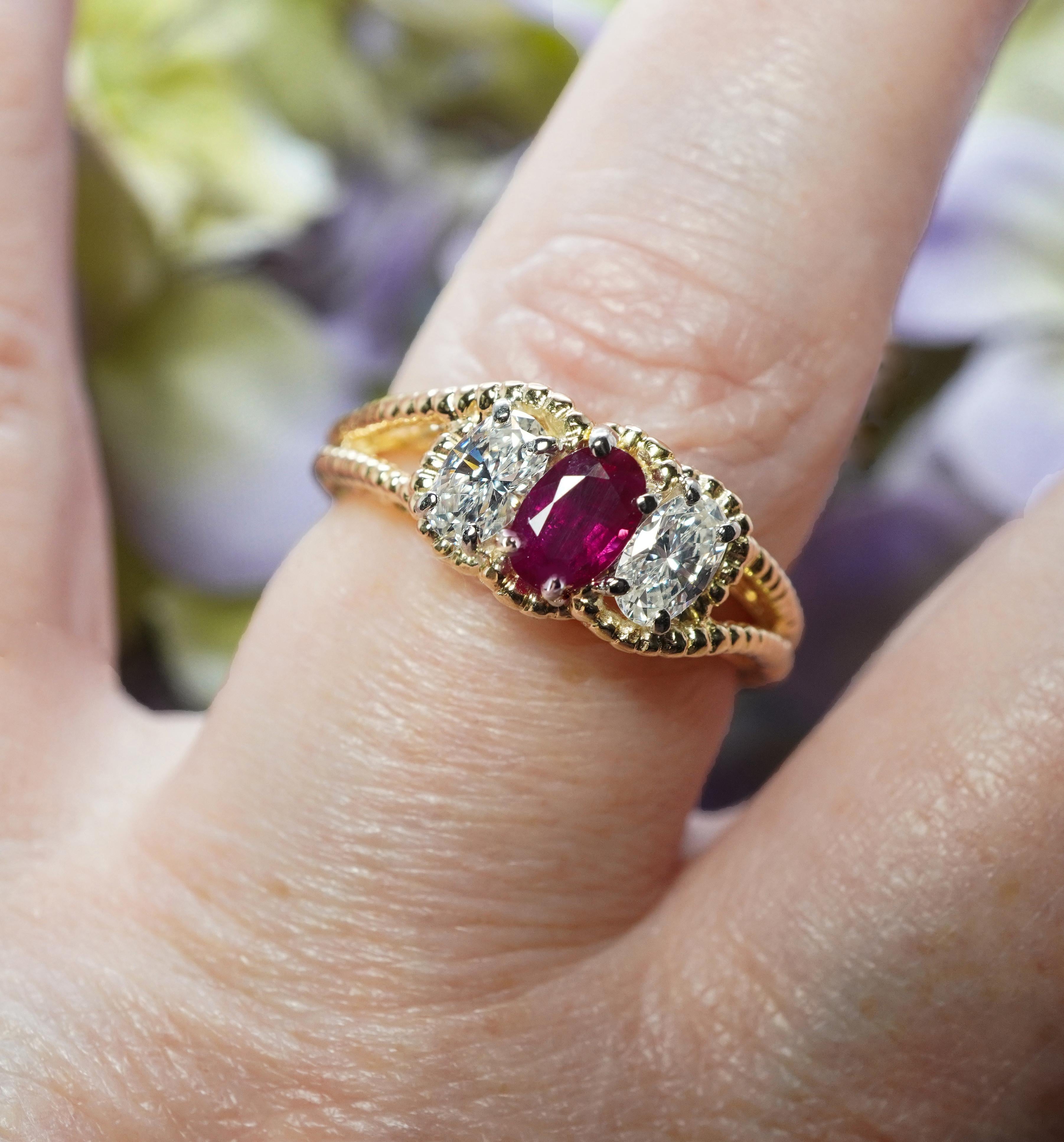 Oval Cut Oscar Heyman Ruby Oval Diamond 3 stone Ring 18K Gold Platinum Designer Signed For Sale