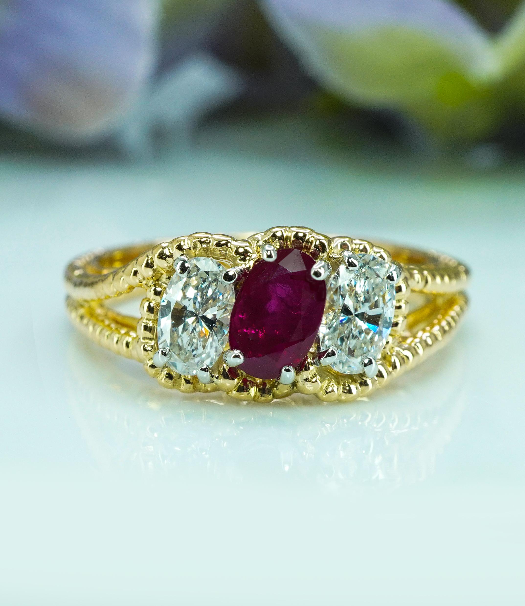 Women's Oscar Heyman Ruby Oval Diamond 3 stone Ring 18K Gold Platinum Designer Signed For Sale