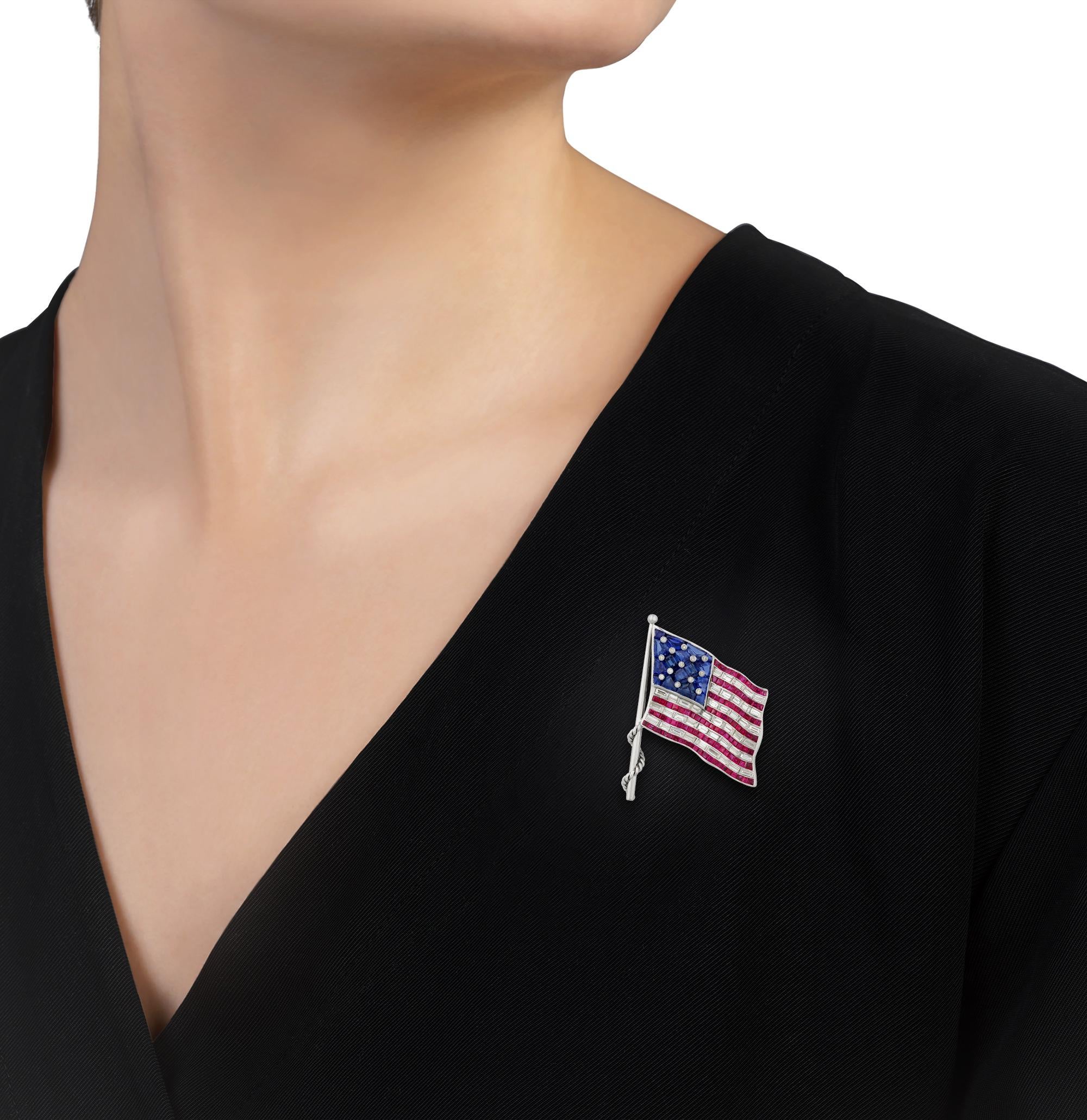Modern Oscar Heyman Ruby, Sapphire and Diamond American Flag Brooch For Sale
