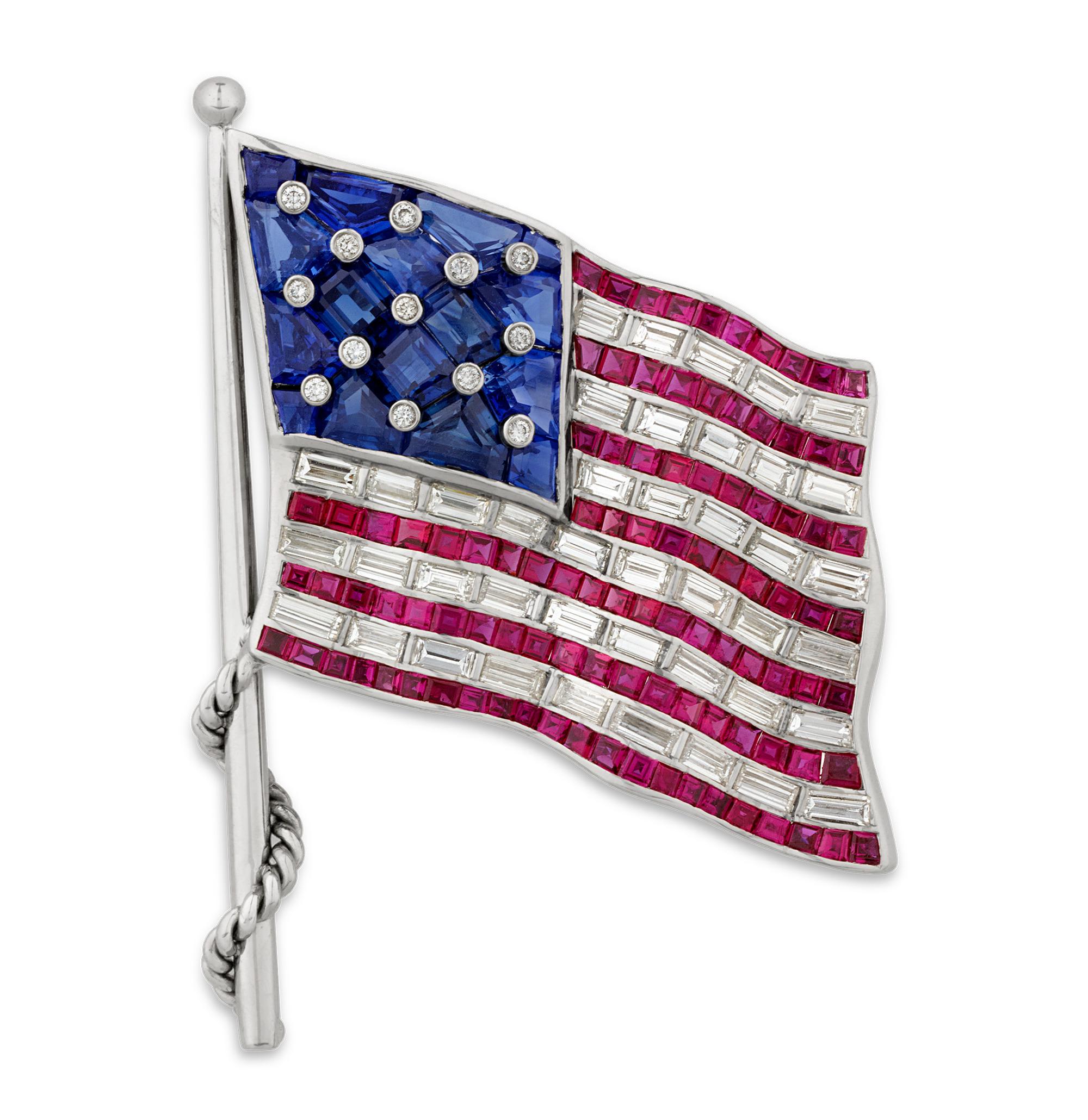Baguette Cut Oscar Heyman Ruby, Sapphire and Diamond American Flag Brooch For Sale