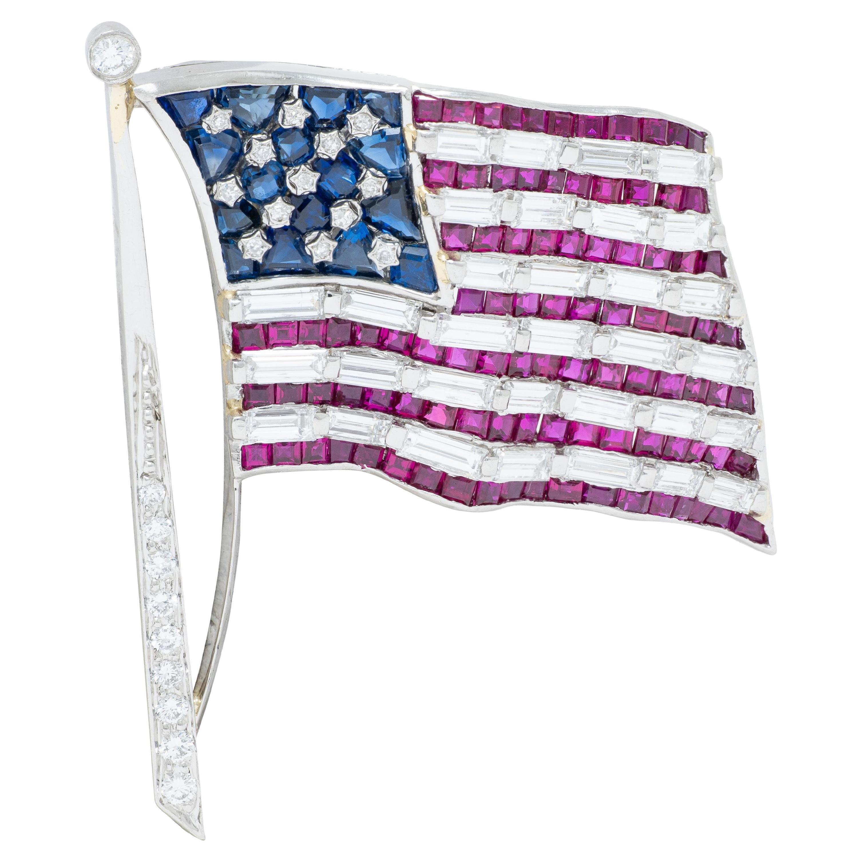 Oscar Heyman Ruby Sapphire Diamond Platinum Vintage American Flag Brooch