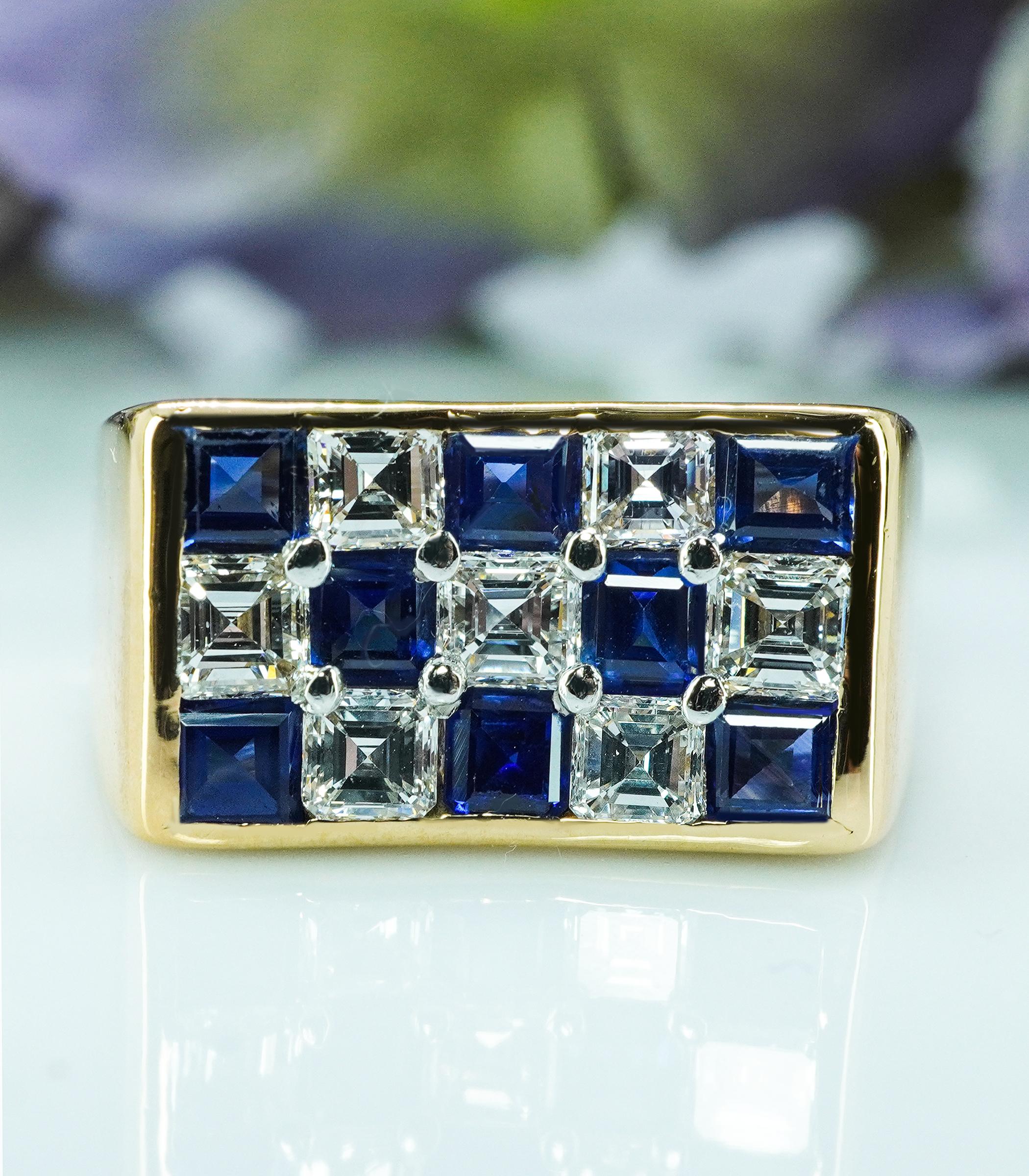  Oscar Heyman Anello con zaffiro e diamante a scacchiera in oro 18 carati e platino Estate Misura 4,5

Si tratta di uno splendido pezzo di Oscar Heyman Brothers degli anni '70 circa. Il peso totale dei diamanti è stimato in 0,84 carati e il peso