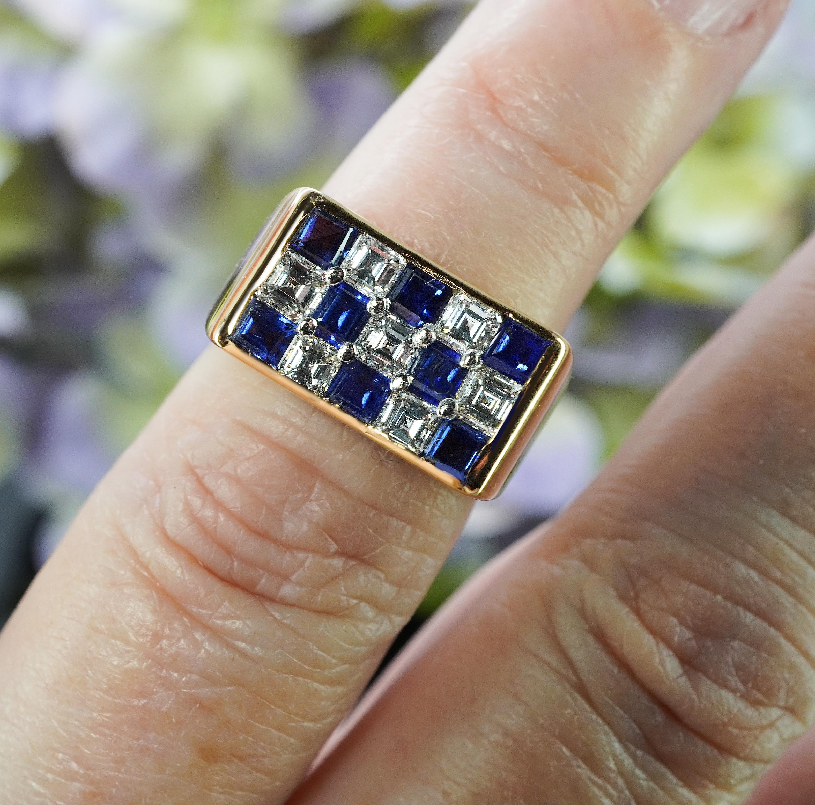 Rétro Oscar Heyman Anello con zaffiro e diamante a scacchiera in oro 18 carati e platino Estate Misura 4,5 in vendita