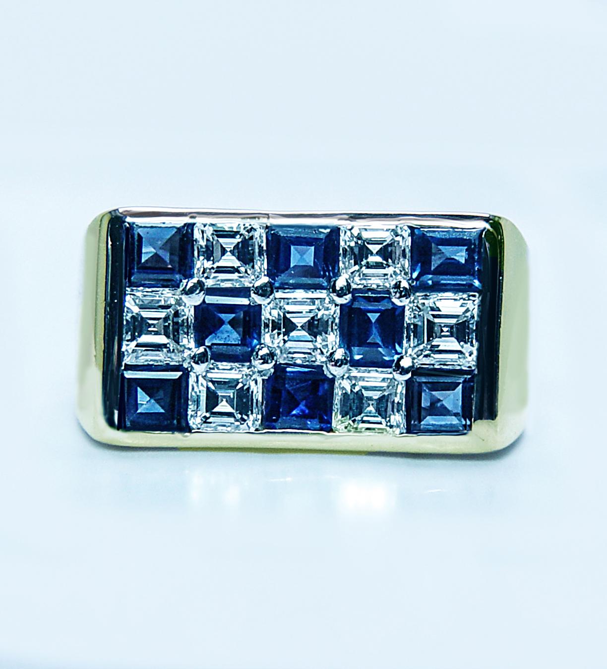 Oscar Heyman Anello con zaffiro e diamante a scacchiera in oro 18 carati e platino Estate Misura 4,5 In condizioni buone in vendita a Brambleton, US