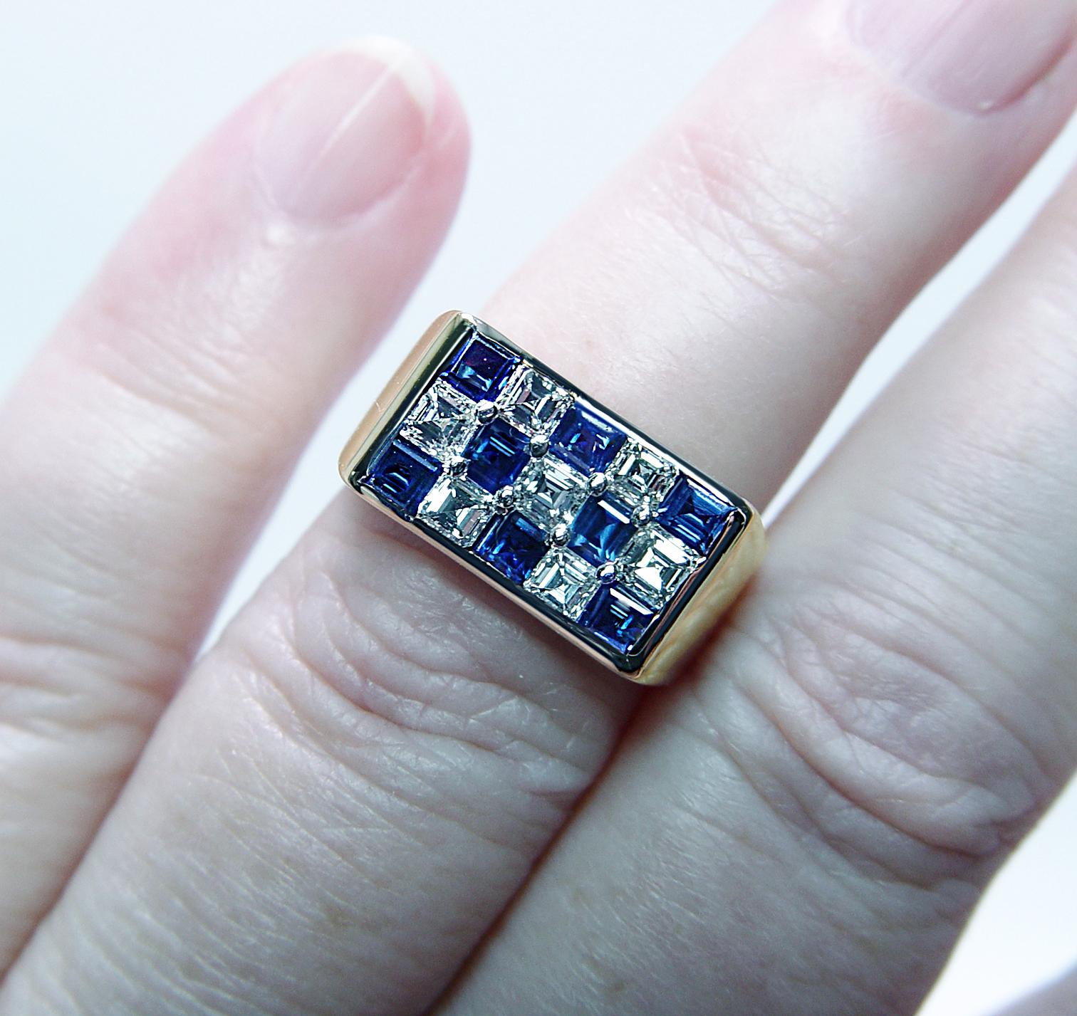 Donna Oscar Heyman Anello con zaffiro e diamante a scacchiera in oro 18 carati e platino Estate Misura 4,5 in vendita