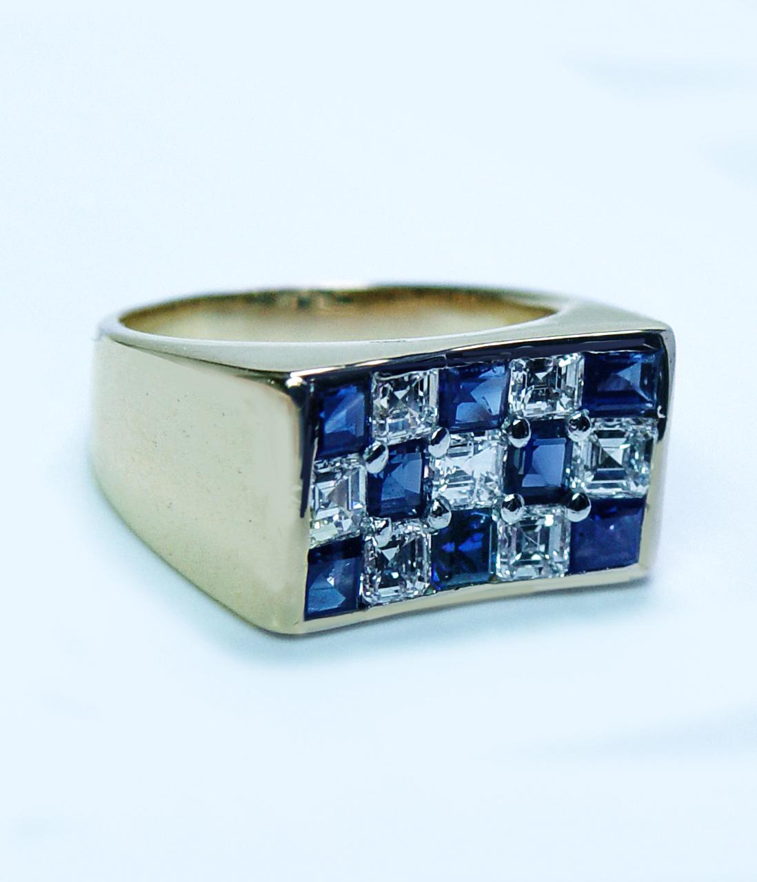 Oscar Heyman Anello con zaffiro e diamante a scacchiera in oro 18 carati e platino Estate Misura 4,5 in vendita 1