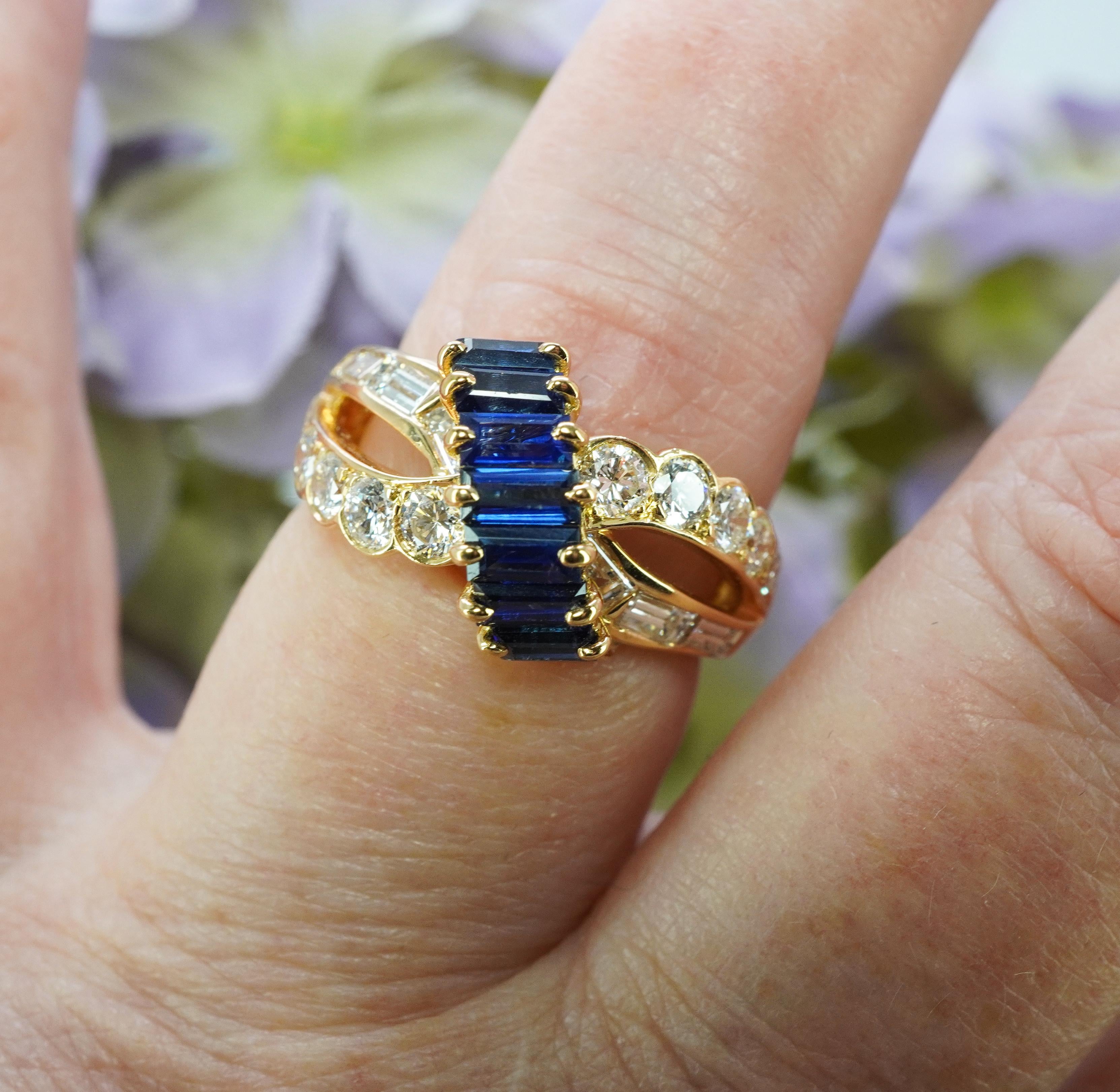 Oscar Heyman Saphir Baguette Diamant Ring 18K Gold Designer signiert Estate (Baguetteschliff) im Angebot