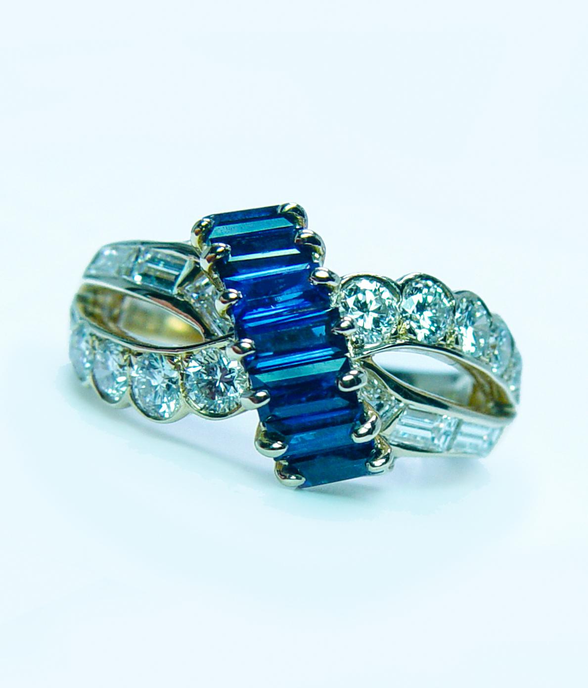 Oscar Heyman Saphir Baguette Diamant Ring 18K Gold Designer signiert Estate im Zustand „Gut“ im Angebot in Brambleton, US